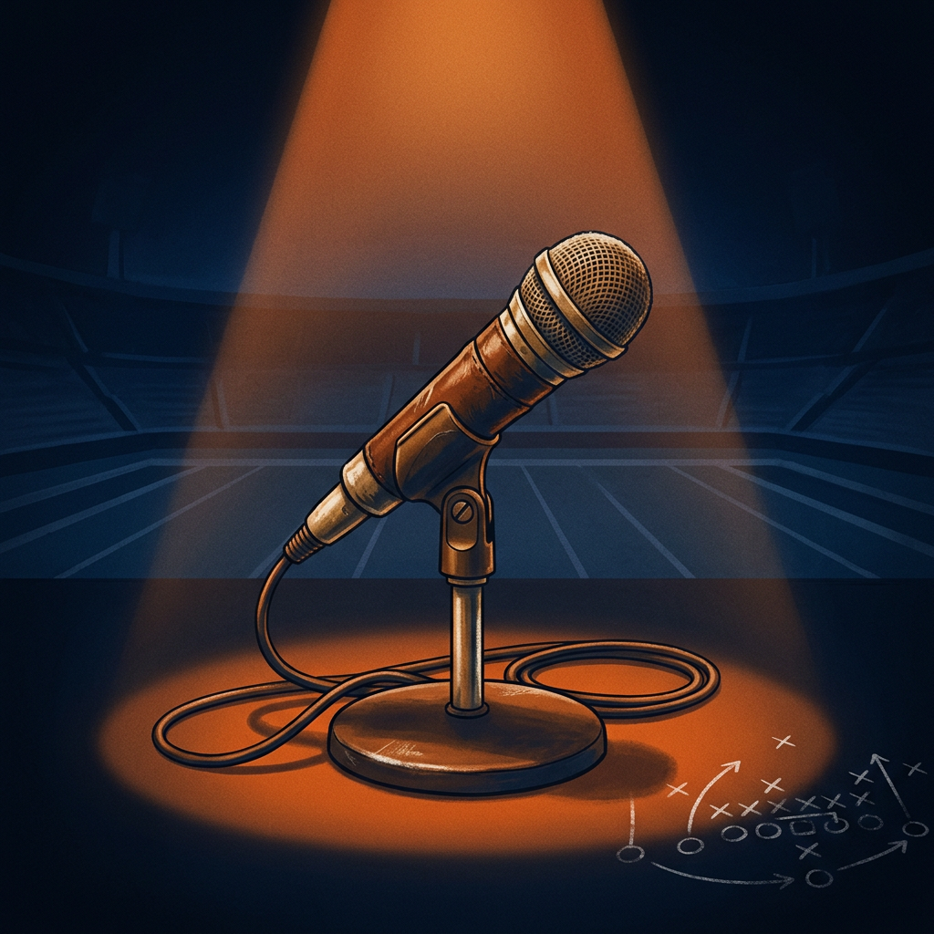 A worn broadcast microphone on a weighted desk stand under a broad warm booth light, its coiled cable trailing across a dark surface, a faint chalk play-diagram just visible beside it — the same booth mic the season opened on, returning to close it.