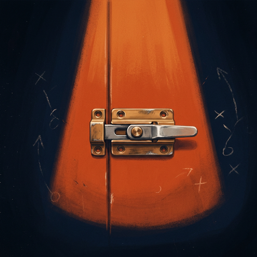 A small, finely machined brass-and-steel gate latch with one clean lever, centered in a narrow shaft of warm light, faint chalk play-marks scattered in the navy dark around it.