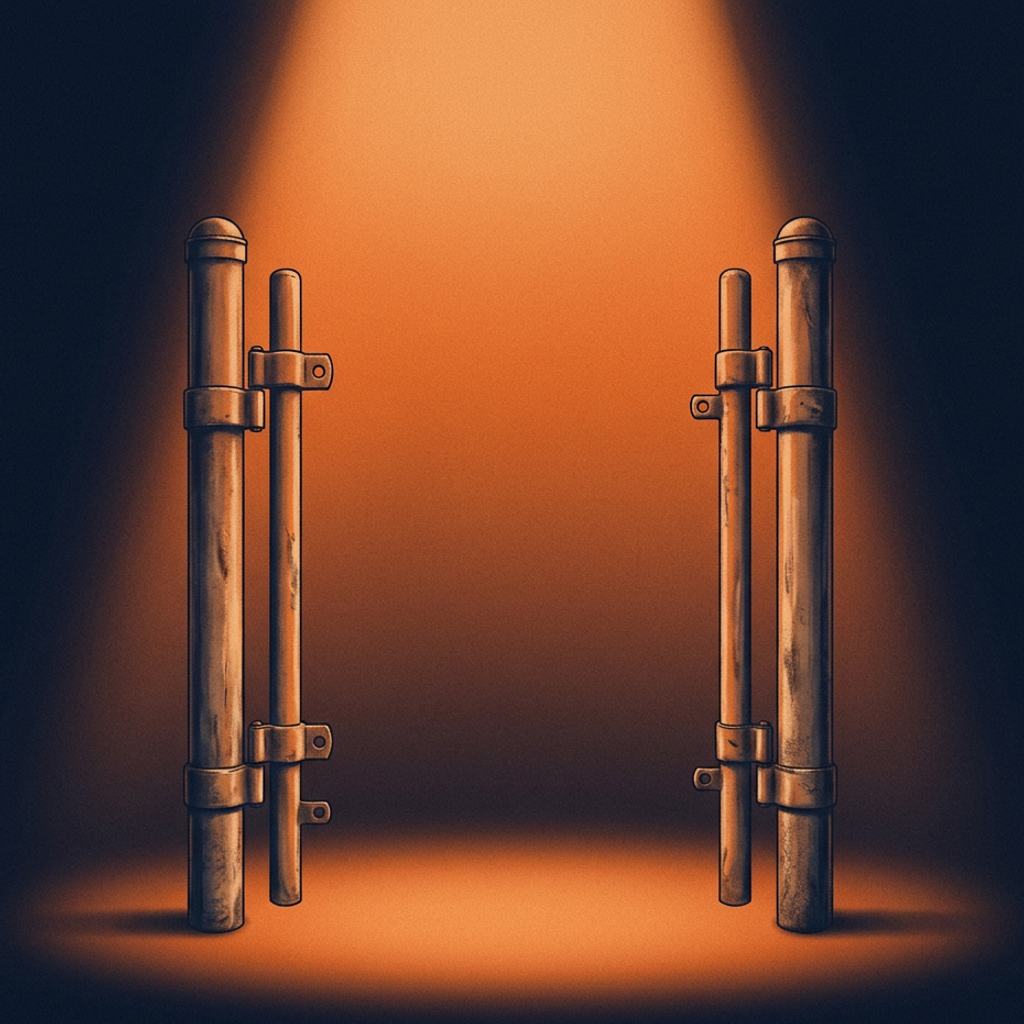 Two worn upright metal posts with empty hinges and bare bolt-holes facing each other, nothing hung between them — an empty gate-mount, the opening unfilled, lit by a warm pool falling off to navy.