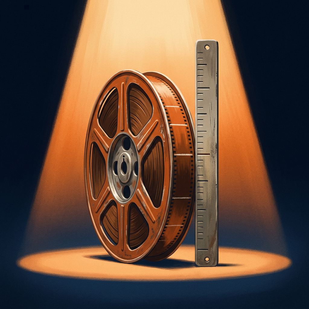 A reel of spooled game film standing beside a fixed upright measuring gauge, the reel held against one mark on the gauge under a warm booth light.