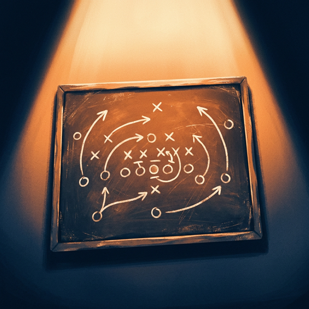 A worn chalkboard play diagram of looping arrows and abstract marks, lit by a warm overhead glow against a deep navy night.