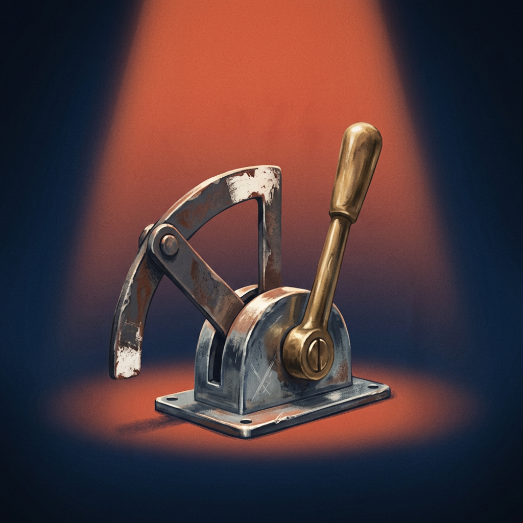 A worn brass-and-iron lever mechanism thrown hard to one stop, a pass-or-fail gate lit warm against a navy field.
