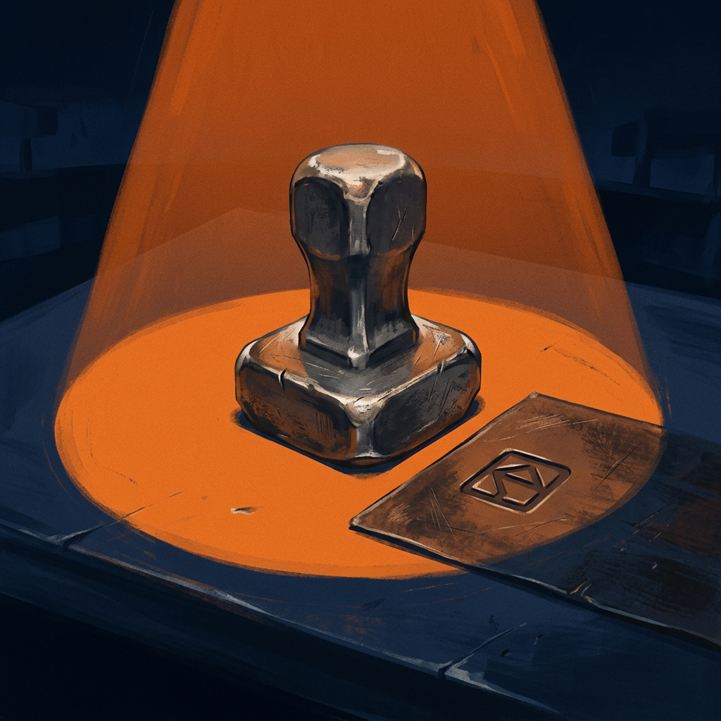 A worn steel maker's die standing under a warm booth light beside a freshly stamped abstract mark on a metal blank.