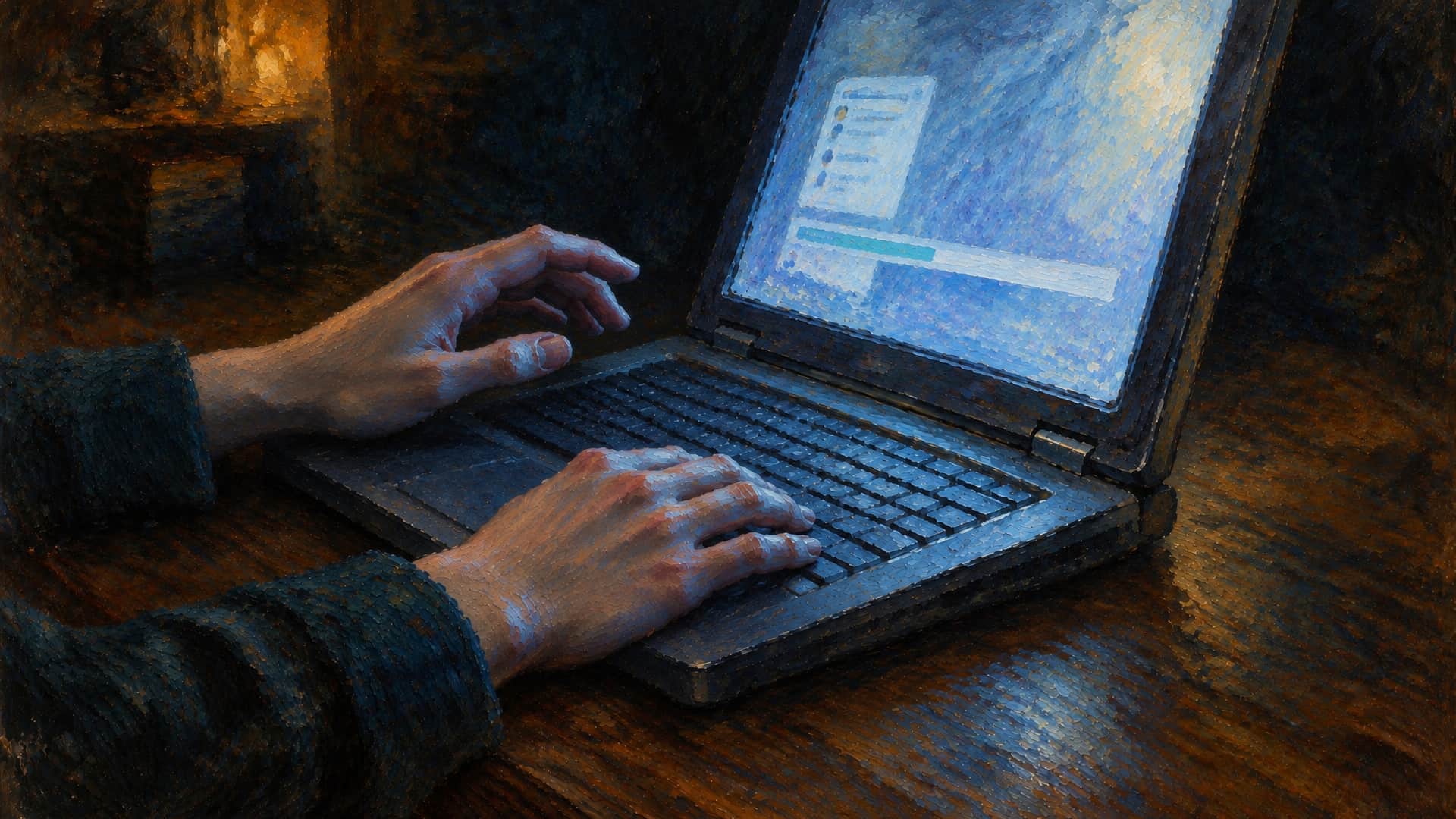 An oil painting of a young man's hands at a thick laptop late at night, seen from the side. One hand rests on the keys; the other is lifted and paused above them. The screen glows blue with a small chat window and a progress bar, too blurred to read.