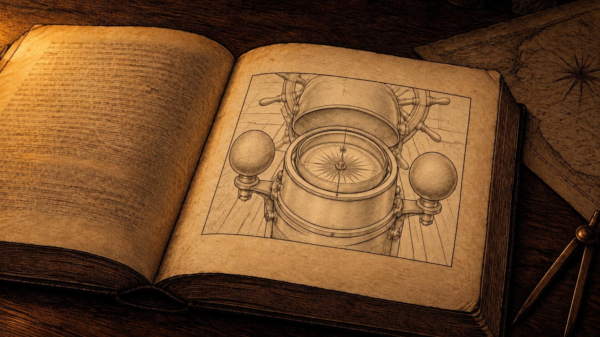 An engraving of an old cloth-bound book lying open on a dark table at night, lamplight falling on one corner. One page is printed text too small to read; the other holds a line illustration of a ship's brass binnacle seen from above, its hood open and the compass card under the glass with a star at north, brass spheres on either side and the ship's wheel behind on the deck. Brass dividers and the edge of a chart lie beside the book.