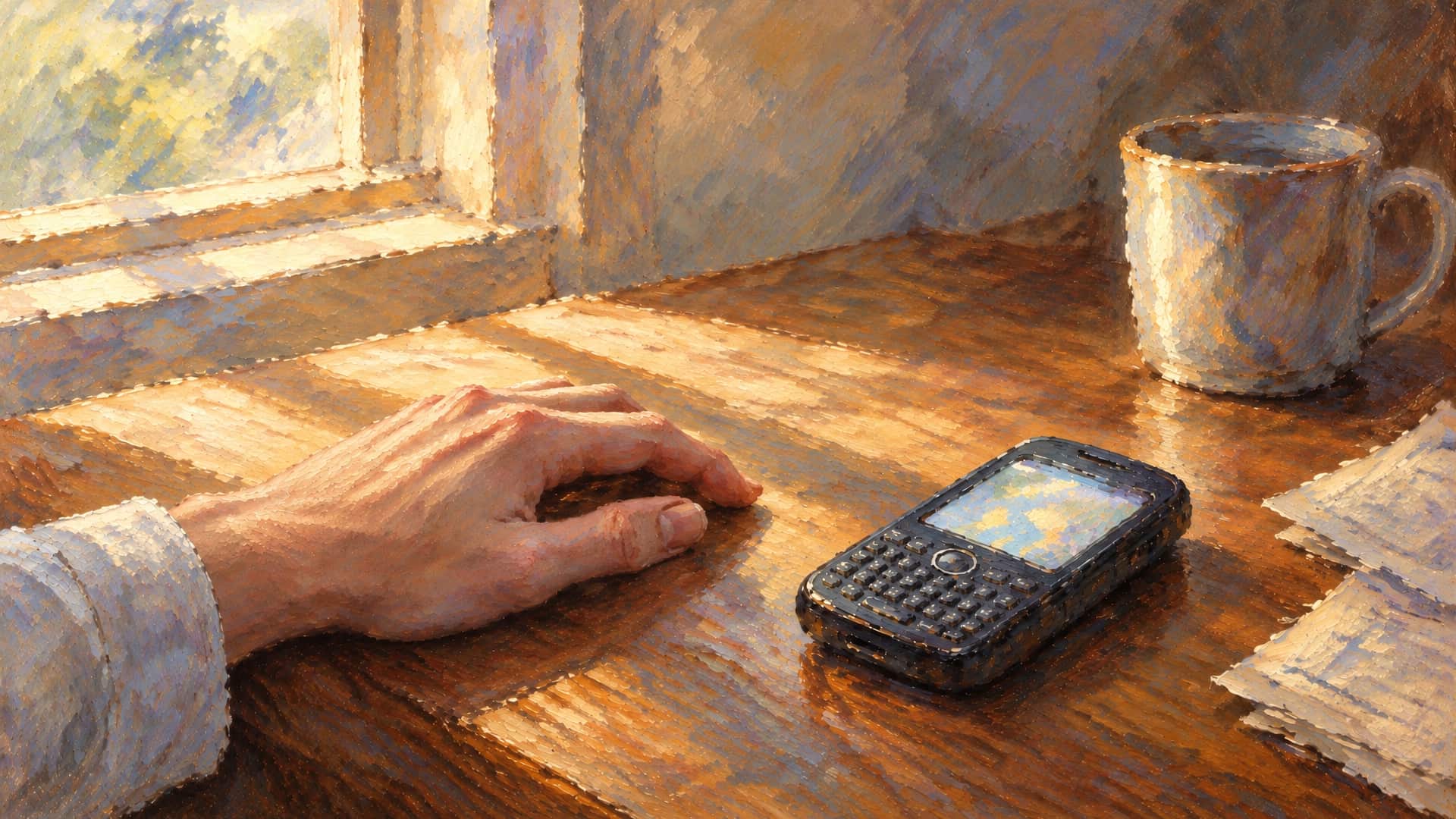 An oil painting of a wooden desk in warm morning light from a window. A man's hand rests on the desk beside a chunky keyboard phone lying face up with its small screen lit; a mug and a few papers sit at the edge of the light.