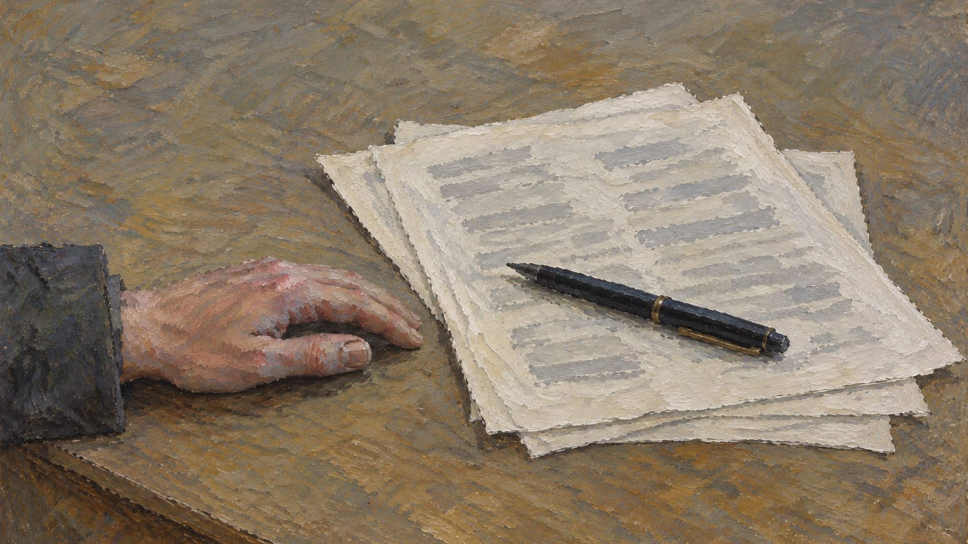 An oil painting in flat grey light of a few sheets of paper on a plain table, a pen lying across them, their lines of type too soft to read. A man's hand rests on the table at the left edge, near the papers.