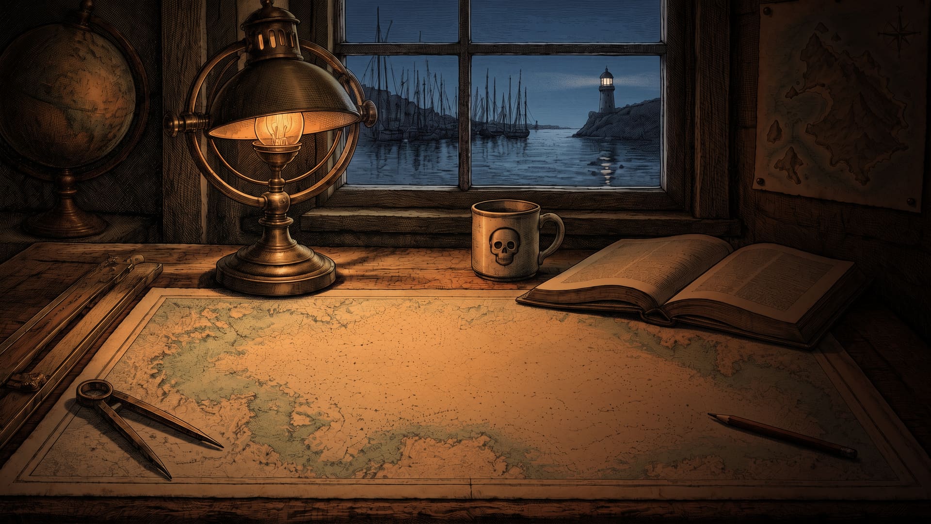 An engraved chart table at night under a brass lamp, a sea chart spread across it, a lighthouse lit in the harbour beyond the window.