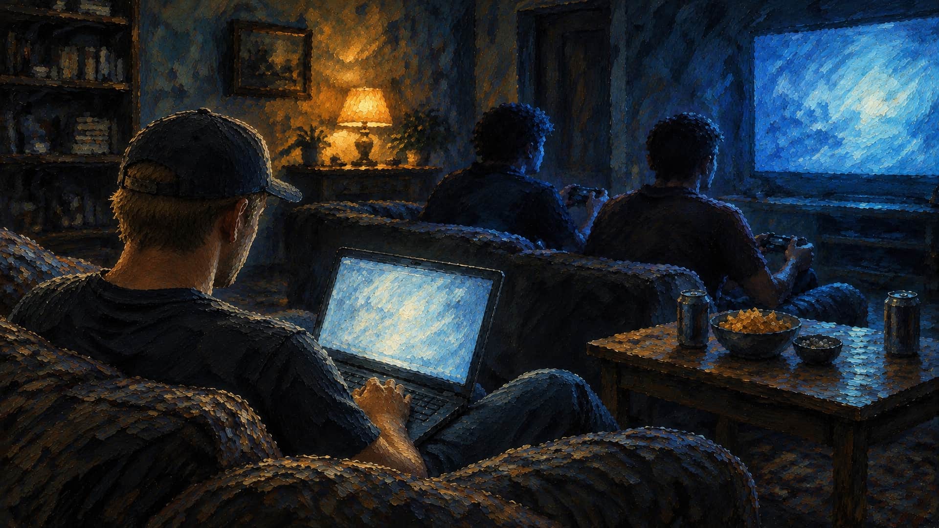 An oil painting of a living room at night, lit blue by a television. A young man in a ball cap sits at the near end of a couch with a laptop glowing on his knees, his face turned to the screen. Beyond him two friends sit as dark shapes facing the television with game controllers; snack bowls and cans stand on a low table and a lamp glows in the corner.