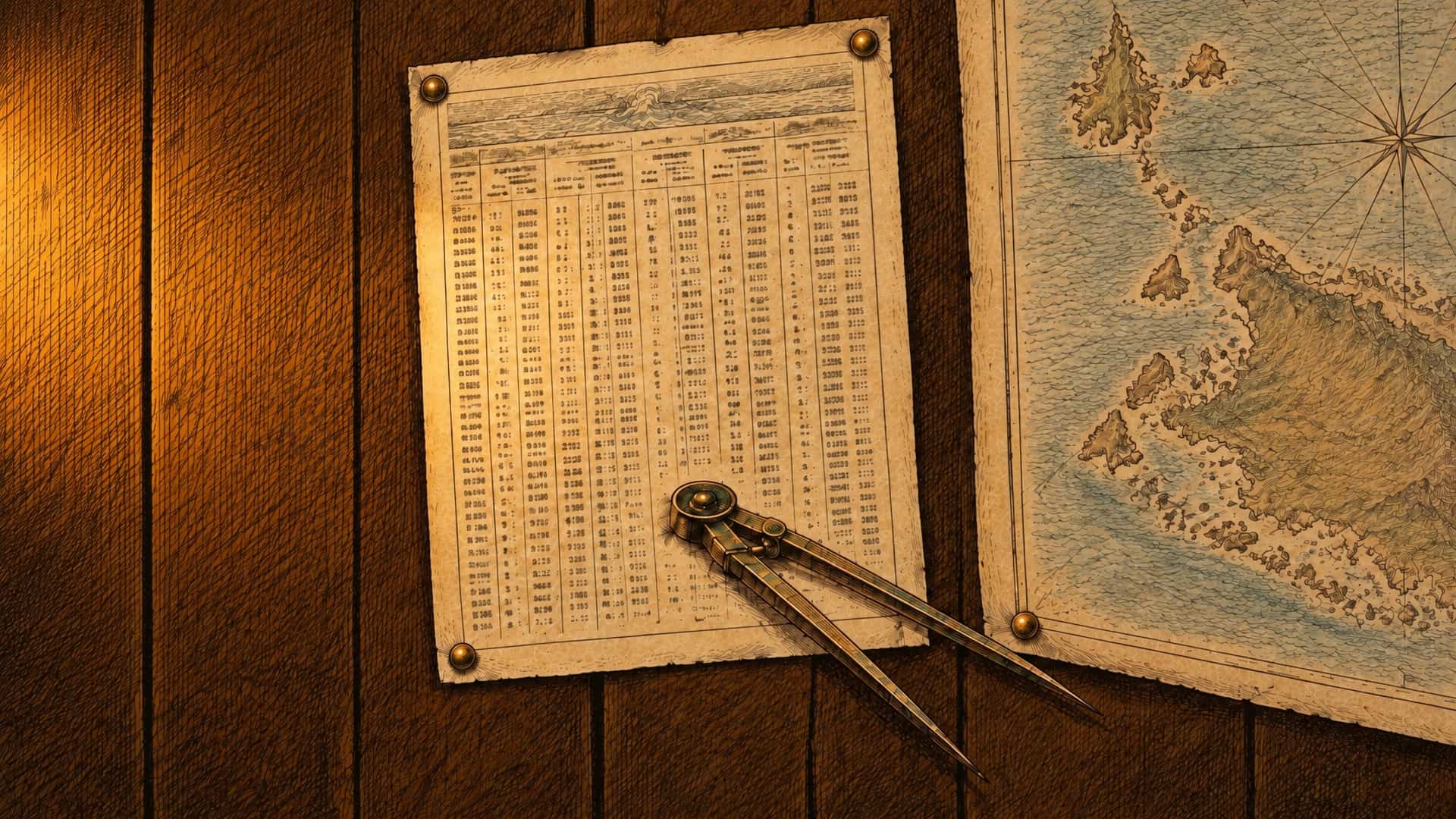 An engraving of a printed tide table pinned with brass tacks to a wooden wall, its columns of tiny figures too small to read, a pair of brass dividers lying across its lower corner. Warm light falls from the left, and the edge of a sea chart with a compass rose hangs at the right.