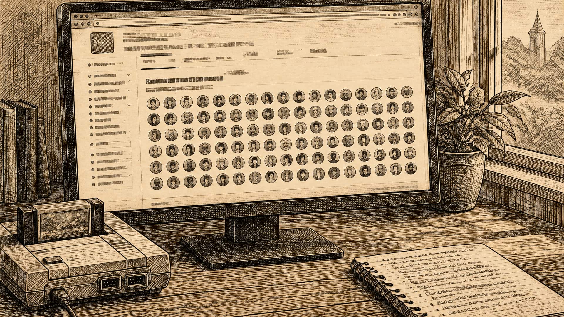 An engraving of a computer monitor on a wooden desk in daylight. On the screen, an open-source project's page shows a grid of more than a hundred small round contributor portraits, each a different face, beside headings blurred past reading. In front of it an old cartridge game console holds a cartridge, a spiral notebook of handwritten notes lies open, and a potted plant stands by the window.