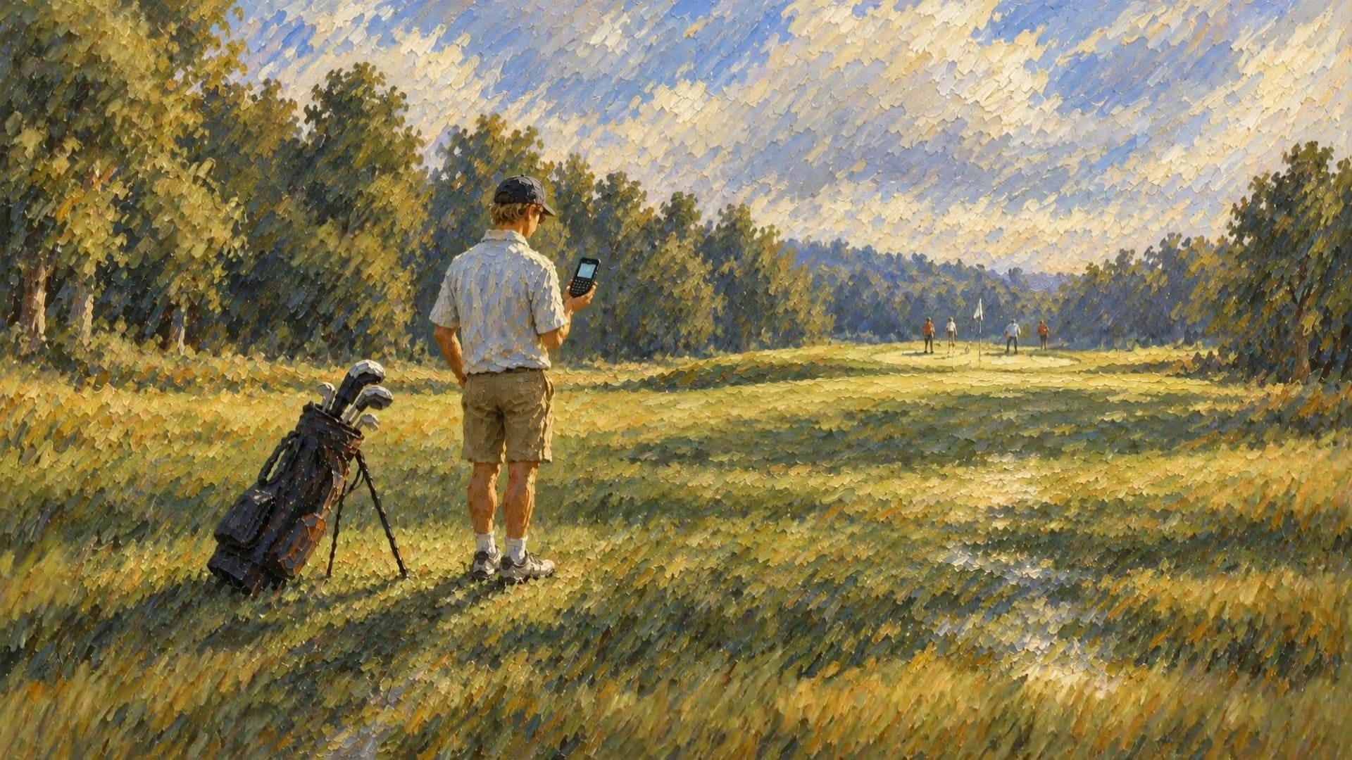 An oil painting of a golf course in bright summer light. A young man in a ball cap and sunglasses stands with his back to us beside his golf bag, reading a chunky keyboard phone in his hand. Far up the fairway, four small golfers stand near a flag on a green, under deep summer trees and a blue sky.