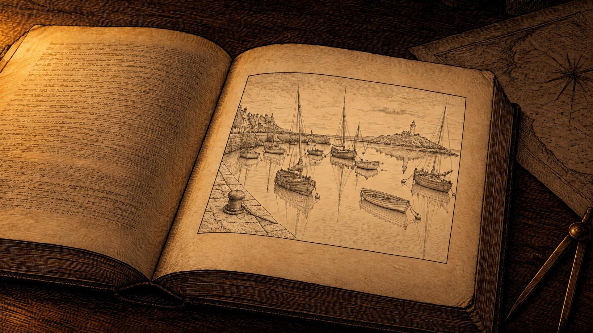 An engraving of an old cloth-bound book lying open on a dark table at night, lamplight falling on one corner. One page is printed text too small to read; the other holds a line illustration of a small harbour at slack water seen from a stone quay with a mooring bollard, sailing boats and a rowing boat lying at odd angles on still water, their reflections unbroken, stone houses along the shore and a lighthouse on a rocky island beyond. Brass dividers and the edge of a chart lie beside the book.