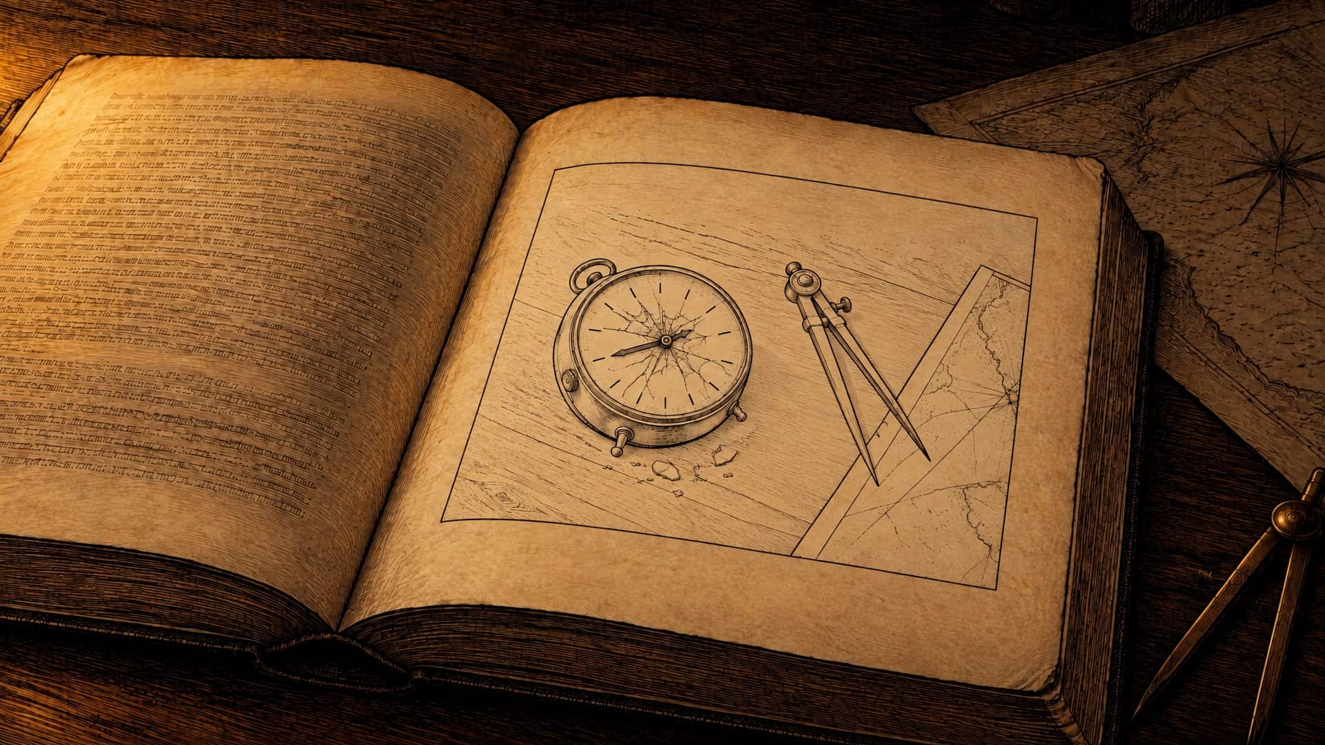 An engraving of an old book lying open on a dark table at night. One page is printed text too small to read; the other holds a line illustration of a cheap tin alarm clock lying on a table, its glass face smashed into a star of cracks, shards beside it, with dividers and the edge of a chart. Real dividers and a chart lie beside the book.