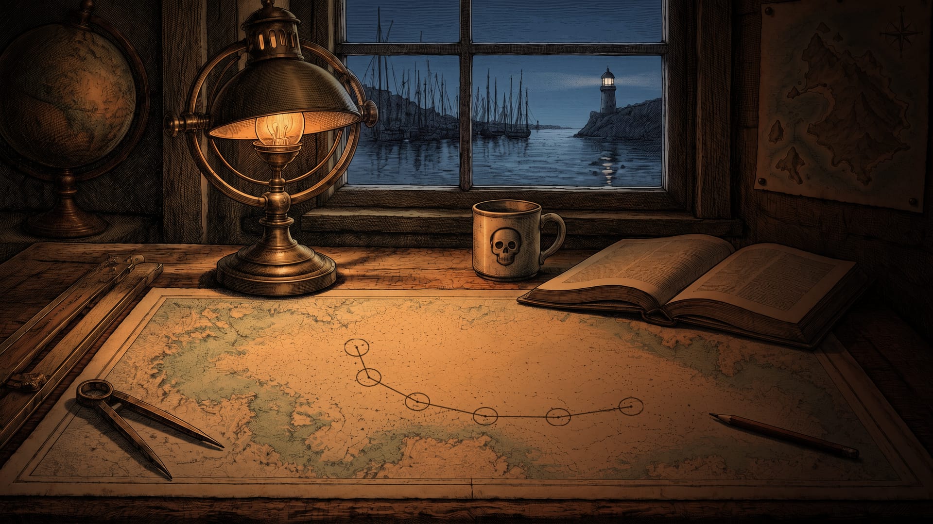 An engraved chart table at night. A brass lamp throws a warm pool of light across a sea chart with a pencilled track in five legs between six small circles, curving back across the water; a pencil lies near the chart's lower corner. Brass dividers, an open book and a mug with a small skull sit nearby; through the window the harbour lies dark, its masts in silhouette and a lighthouse lit on its headland, and a hand-drawn island map is pinned to the wall.