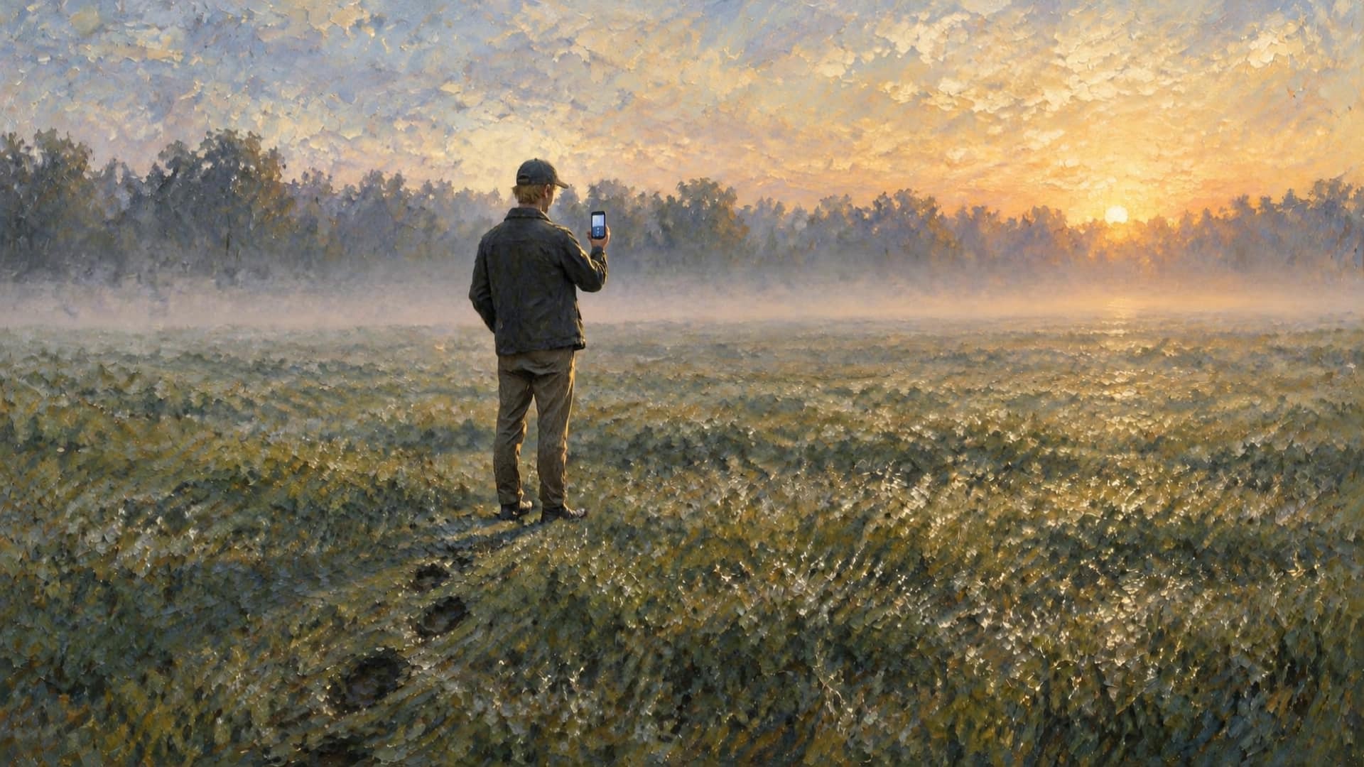 An oil painting of a wet field at dawn under a mist. A young man in a ball cap walks away from us, a chunky keyboard phone held up in front of him, his dark footprints trailing through the grass behind him. A line of trees stands far off against a sky turning gold.