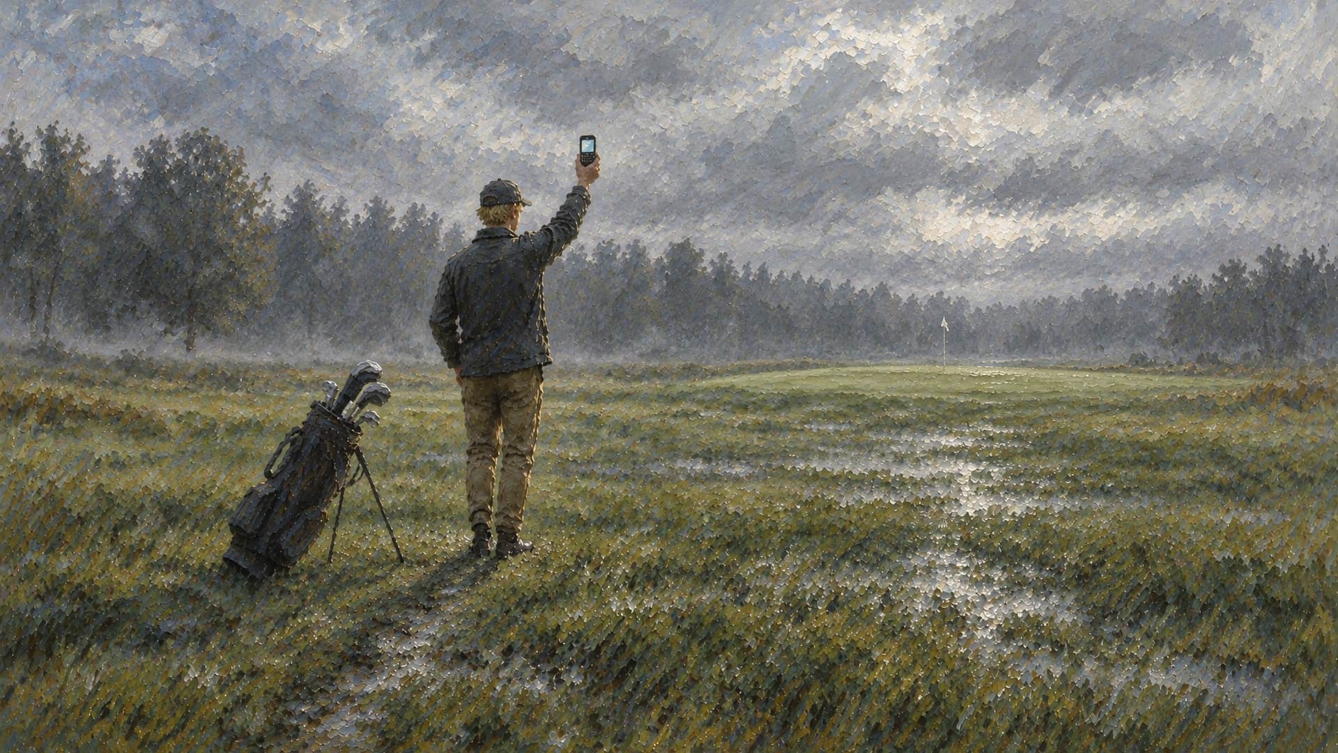 An oil painting of a wet golf course under a heavy grey sky. A young man in a ball cap stands with his back to us, holding a chunky keyboard phone high above his head, his golf bag on its stand beside him. A small white flag marks a green far off across the fairway.