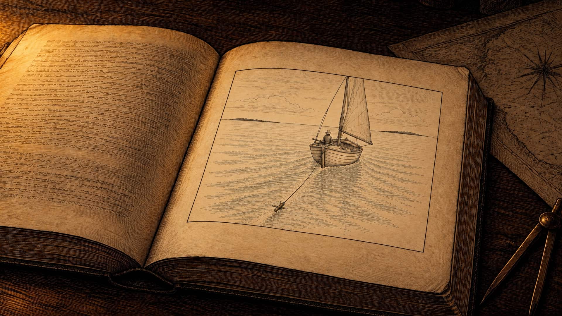An engraving of an old book lying open on a dark table at night. One page is printed text too small to read; the other holds a line illustration of a small sloop sailing away toward the horizon, a figure at the tiller, a thin line trailing back through her wake to a small rotator log spinning in the water. Dividers and the edge of a chart lie nearby.