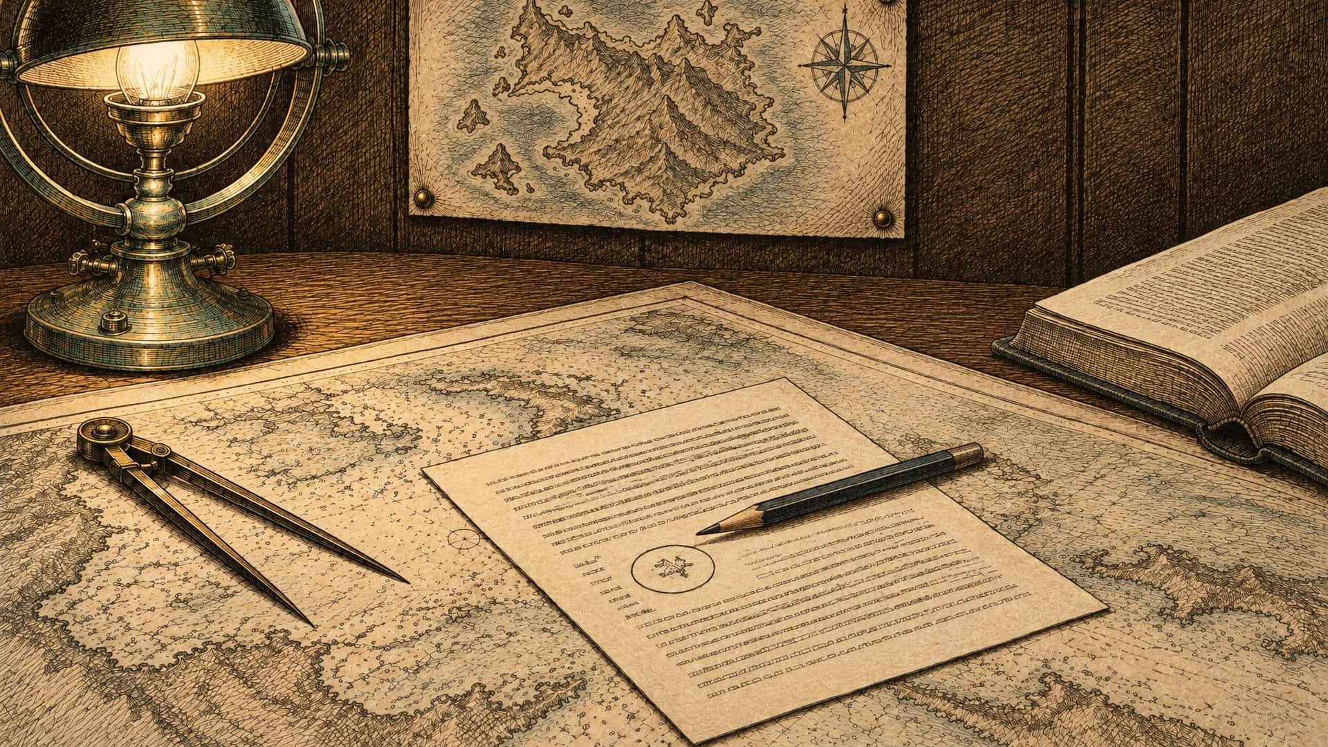 An engraving of a printed page lying on a sea chart under a brass lamp at night, its lines of type too small to read, one small figure on it circled in pencil. A pencil rests across the page; brass dividers lie open beside it, an old book sits at the table's edge, and a hand-drawn island map hangs on the wall.