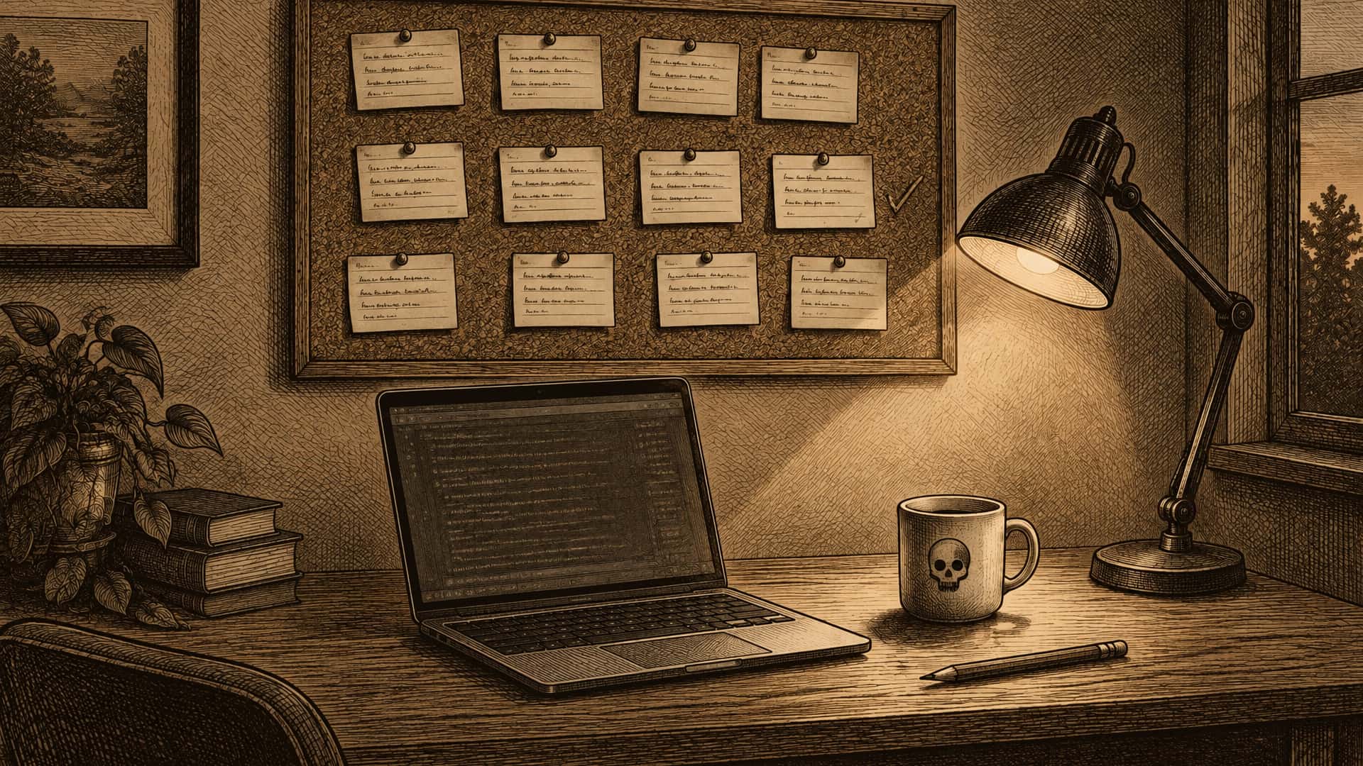 An engraving of a present-day desk at evening under a modern desk lamp: an open laptop, a mug with a small skull and a pencil. On the wall above, a corkboard holds twelve index cards in rows, each with a few lines of handwriting too small to read, one marked with a pencil tick.