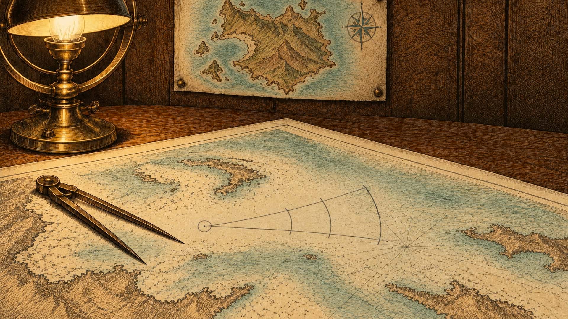 An engraving of a sea chart under lamplight. From a small pencilled circle, two light pencil lines open outward into a narrow cone, crossed by three short arcs, each wider than the last. Brass dividers lie open beside it; a brass lamp and a hand-drawn island map are at the top of the picture.