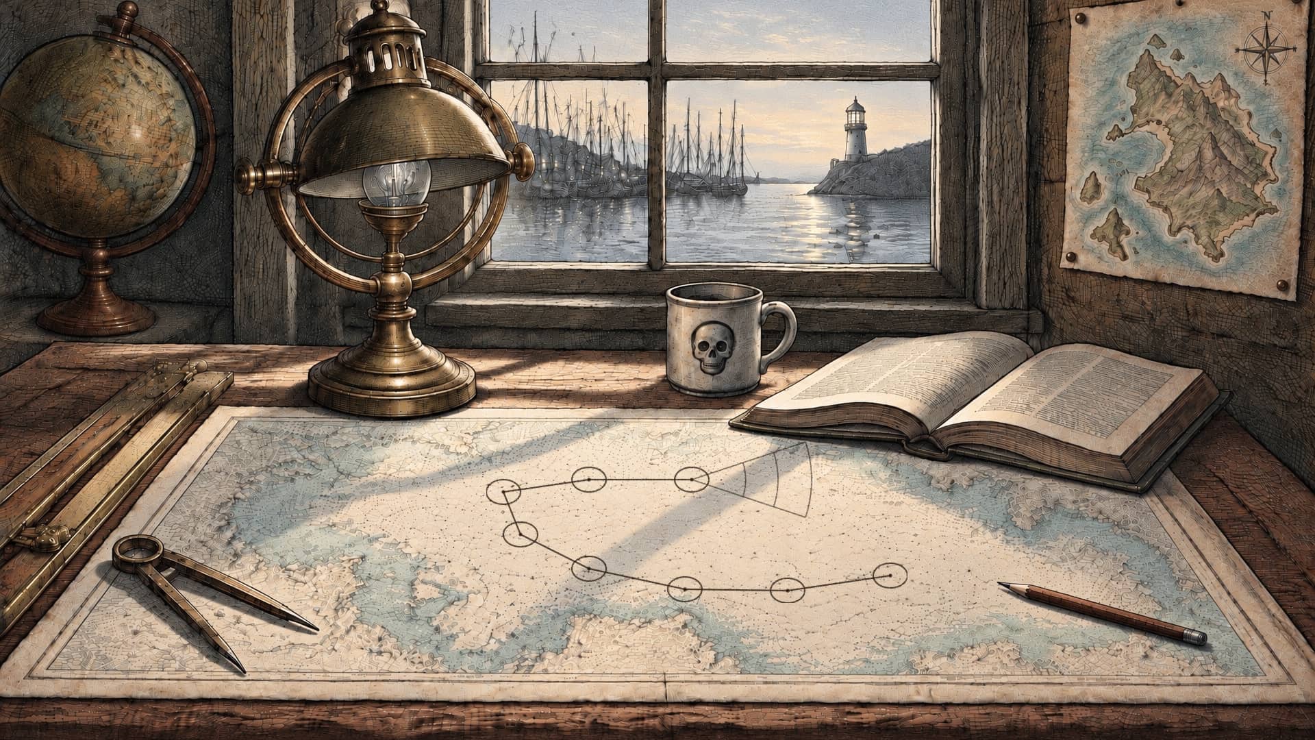 An engraved chart table at dawn, pale light coming through the window, the brass lamp switched off. On the sea chart a pencilled track runs in seven legs between eight small circles, curving back across the water, and from the last circle two light pencil lines open into a cone crossed by arcs. Brass dividers, an open book and a mug with a small skull sit nearby; through the window the harbour and its lighthouse stand in early light, and a hand- drawn island map is pinned to the wall.