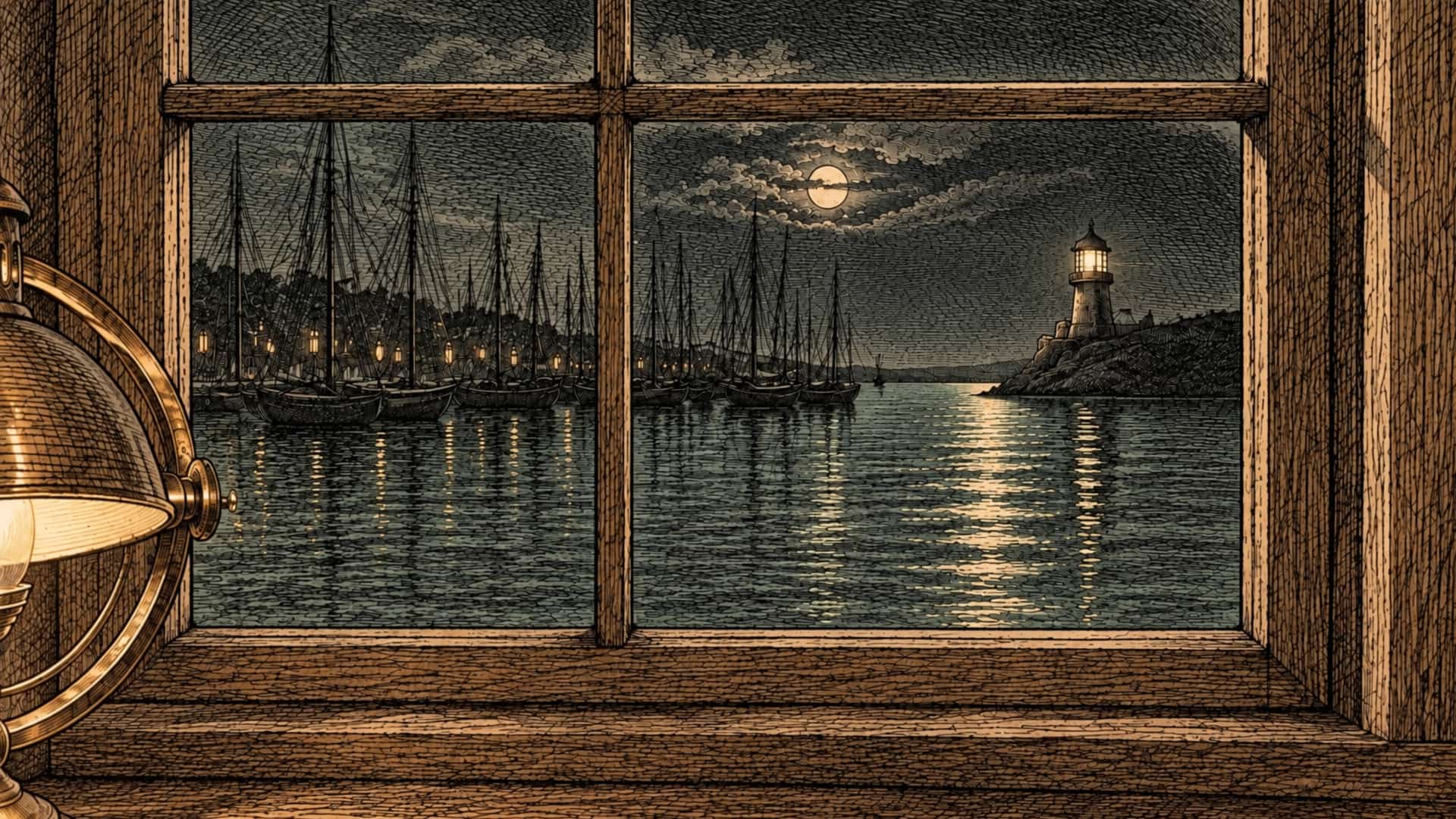 An engraving of the view through a chart-room window at night: a harbour crowded with the masts of moored boats, a full moon over the water, and a lighthouse on a rocky headland with its lantern lit. The brass lamp glows at the left edge.