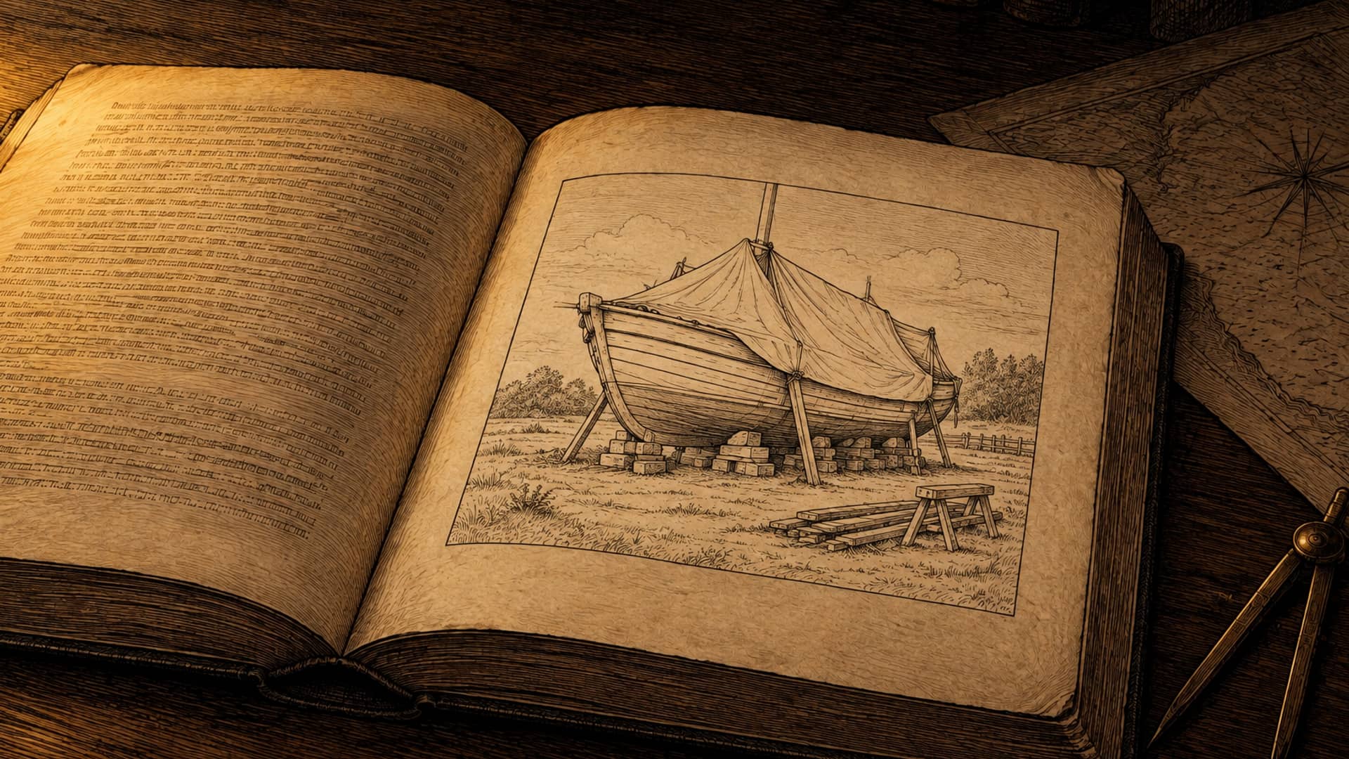 An engraving of an old cloth-bound book open on a dark table. One page is printed text too small to read; the other holds a line illustration of an old sloop's hull propped on blocks in a field, half under canvas, with planks and a sawhorse beside her. Brass dividers and the edge of a chart lie nearby.