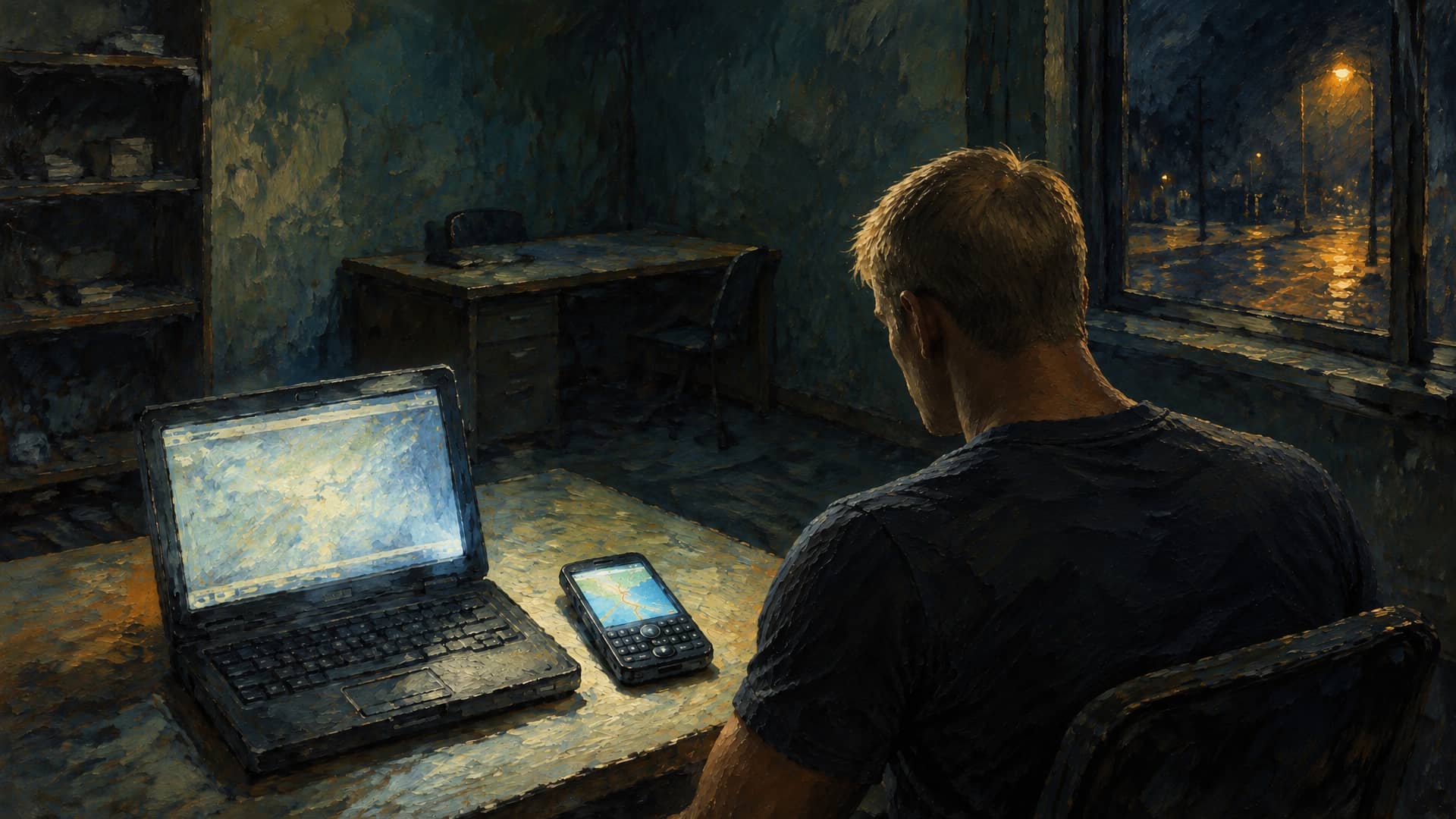 An oil painting of a small office at night. A young man with short blond hair sits with his back to us, face turned away, at a desk where an open laptop and a chunky keyboard phone glow blue, the phone showing a map too small to read. Behind him an empty desk and shelves sit in the dark, and a window looks onto a wet street under a streetlamp.