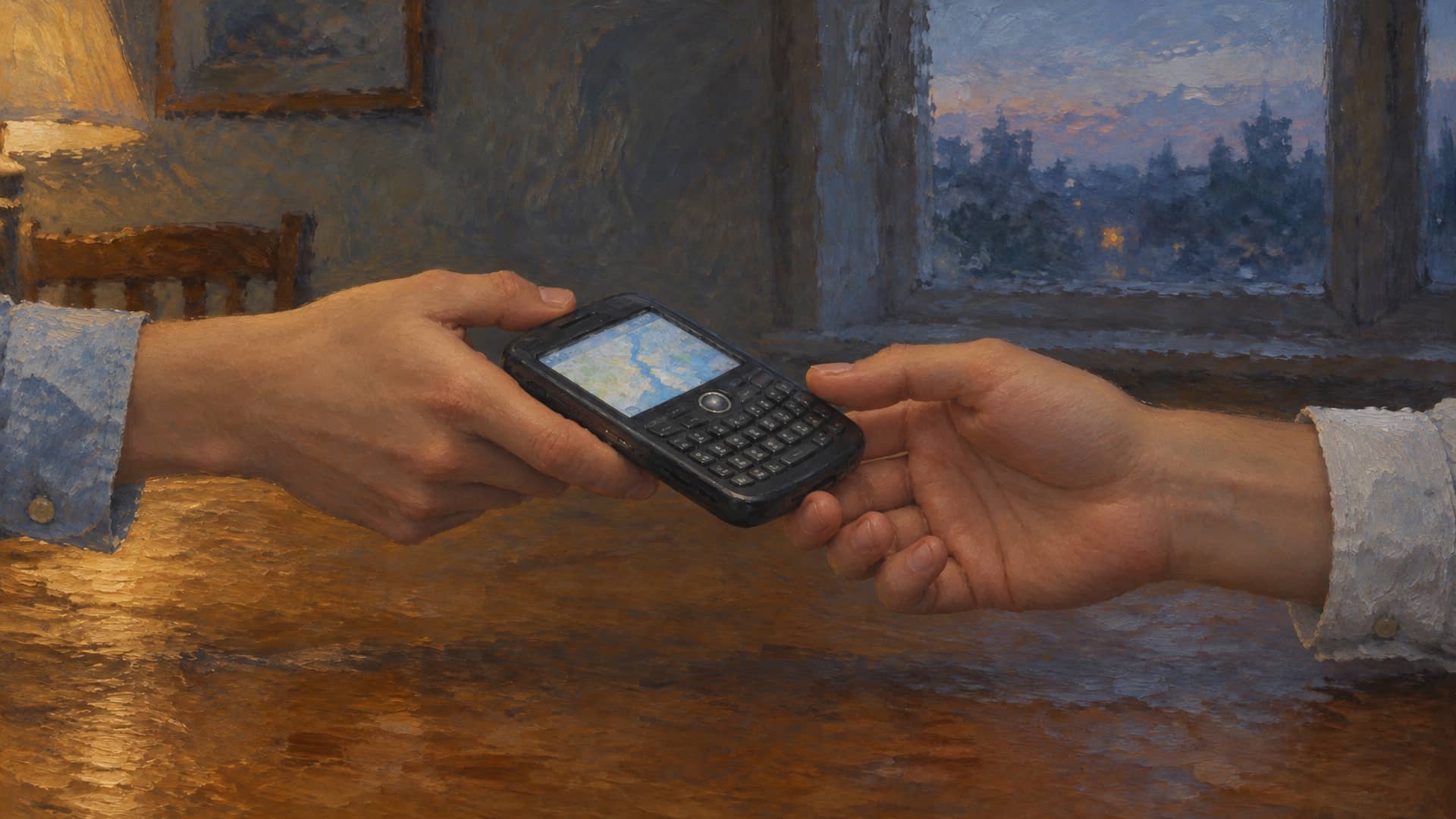 An oil painting of two young men's hands over a wooden table at dusk, seen from the wrists only. One hand passes a chunky keyboard phone, its small screen showing a map too small to read; the other reaches to take it. A lamp glows at the left and a window shows trees against a blue evening sky.