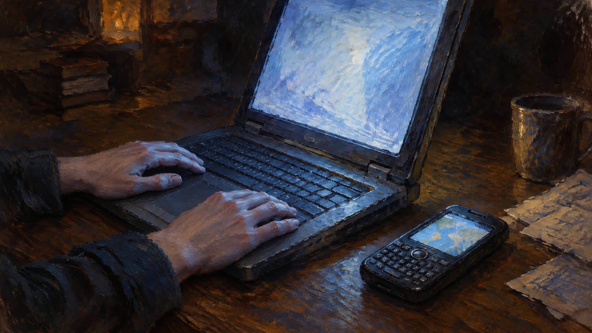 An oil painting of a desk in a dark room at night. A young man's hands rest on the keys of a thick laptop whose screen glows blue-white, unreadable. Beside it a chunky keyboard phone lies face up, its small screen showing a map; a plain mug and loose papers sit at the edge of the light.