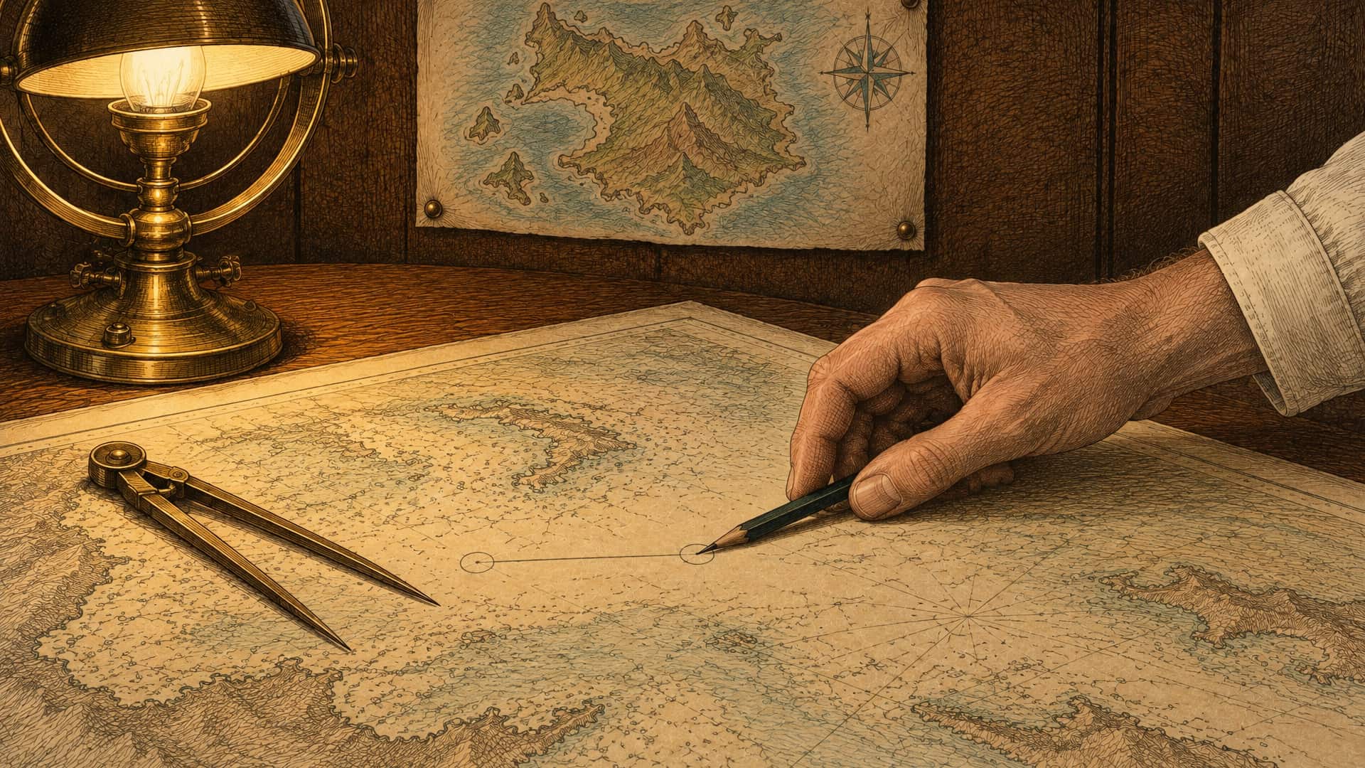An engraving of a man's hand holding a pencil to a sea chart, its point at the second of two small pencilled circles joined by a short line. Brass dividers lie open beside it, a brass lamp glows at the left, and a hand-drawn map of an island with a compass rose is pinned to the wall above.