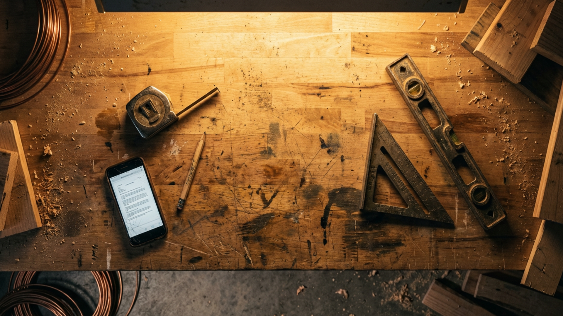 Workbench seen from above — tape measure, pencil, speed square, and phone among well-used tools