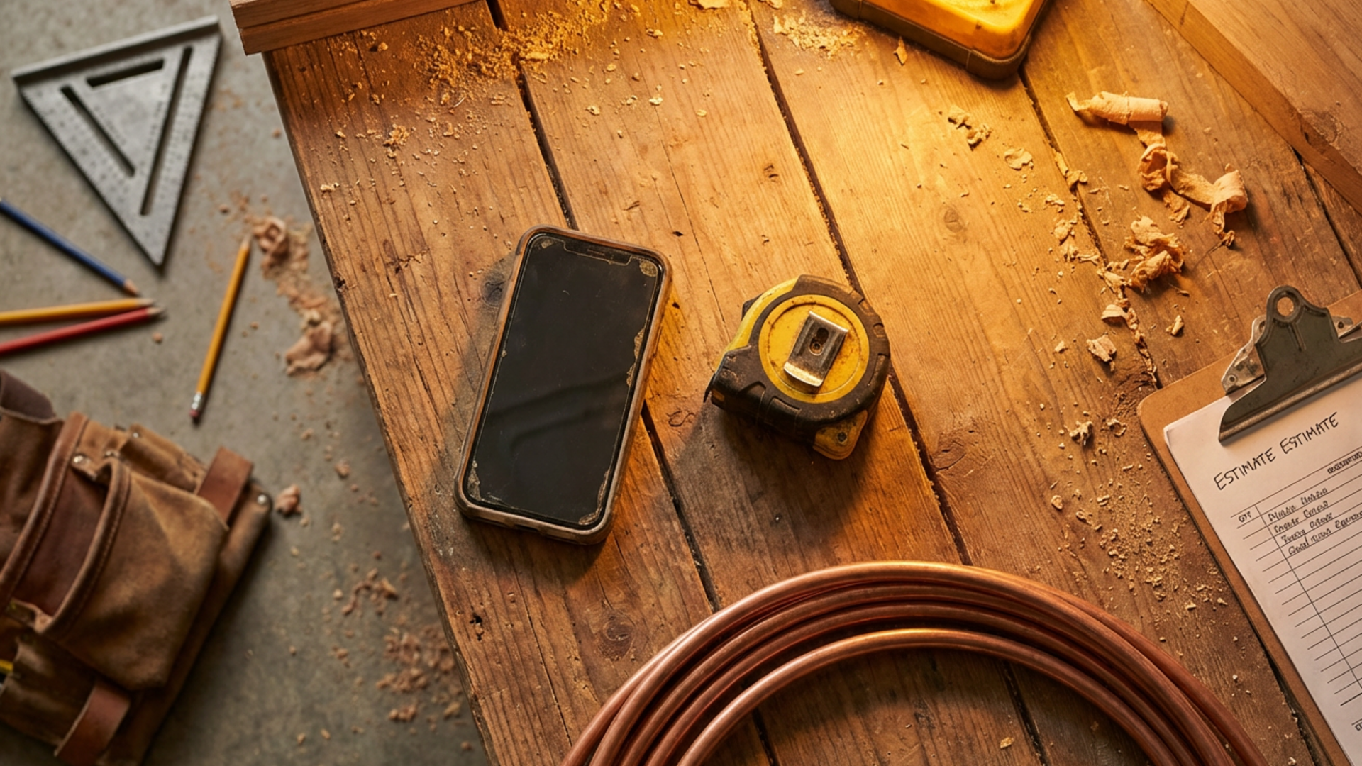 Phone and tape measure on workbench