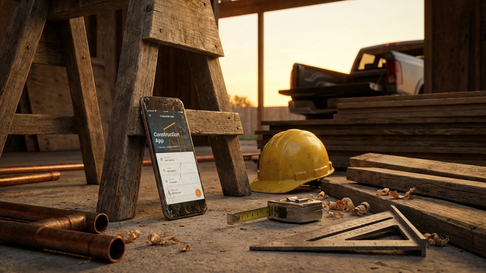 Phone on sawhorse at job site showing a document
