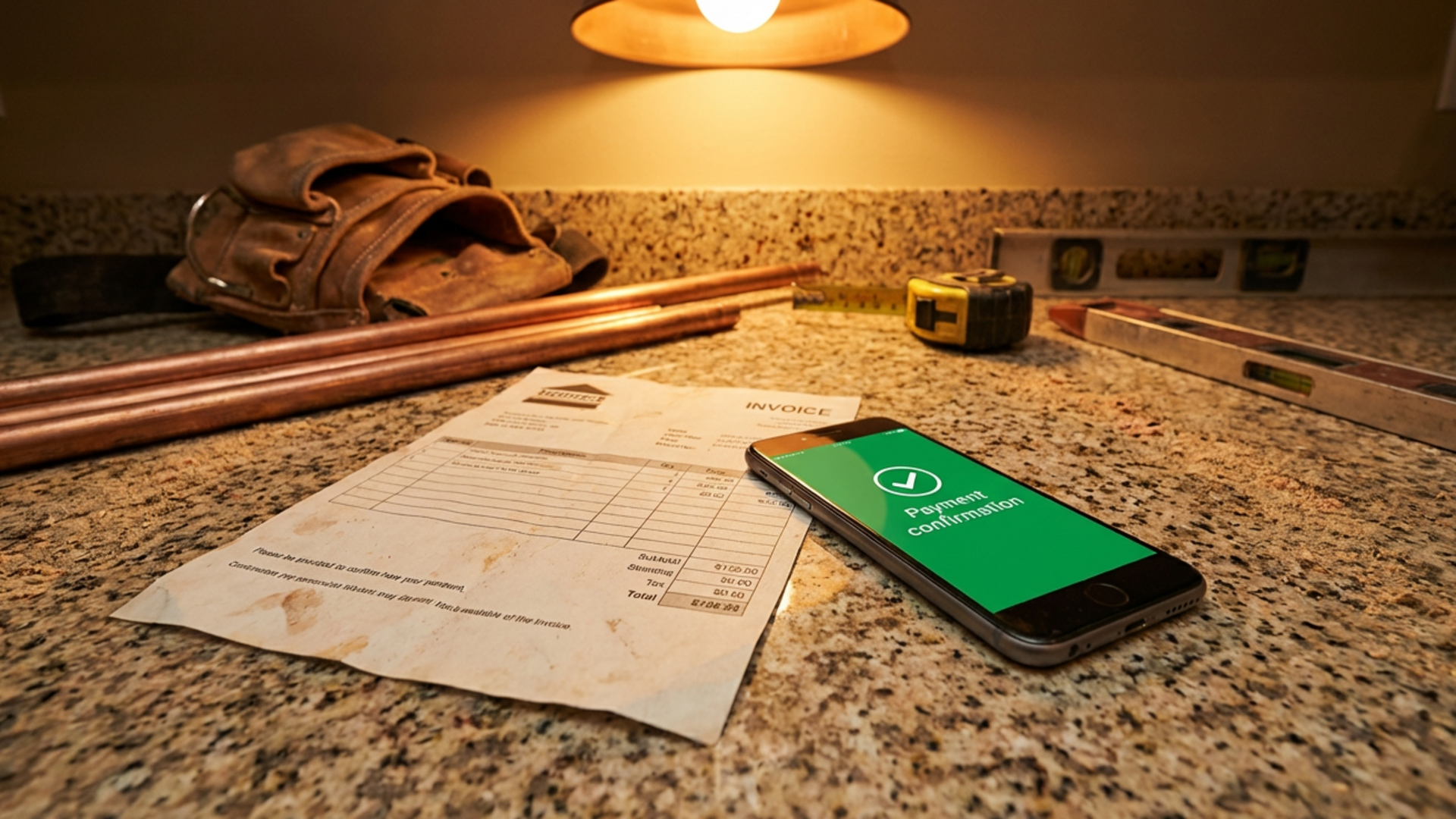 Invoice and payment confirmation on a kitchen counter