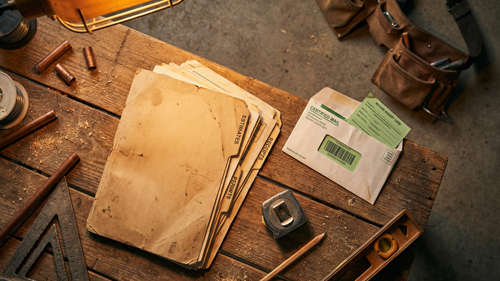 Organized folder of documents with certified mail envelope