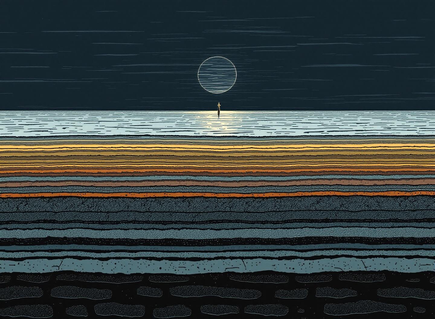 Geological strata layers receding to a distant horizon at dusk — the depth of experience made visible