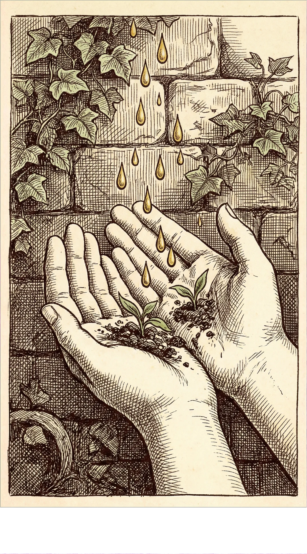 A young girl's hands resting open in dark soil, golden tears falling into her palm, green shoots pushing up through the earth nearby, a stone wall with ivy behind.