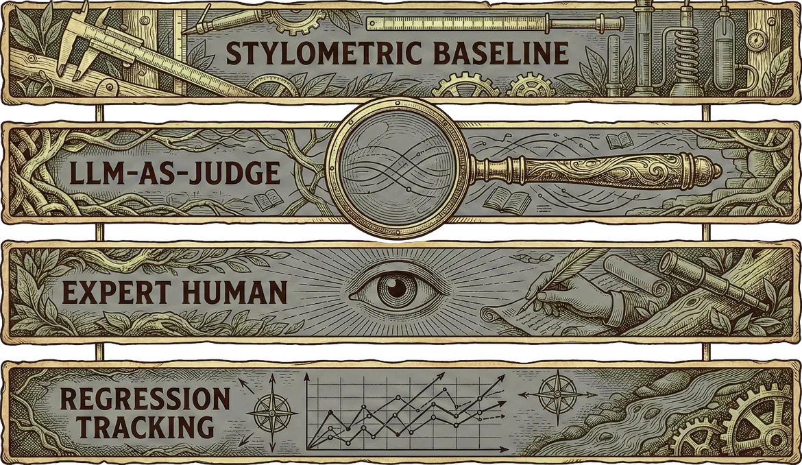 Four horizontal layers stacked vertically — Stylometric Baseline with measuring instruments at top, LLM-as-Judge with magnifying glass, Expert Human with eye motif, and Regression Tracking with chart lines at bottom — connected by thin lines showing the evaluation architecture