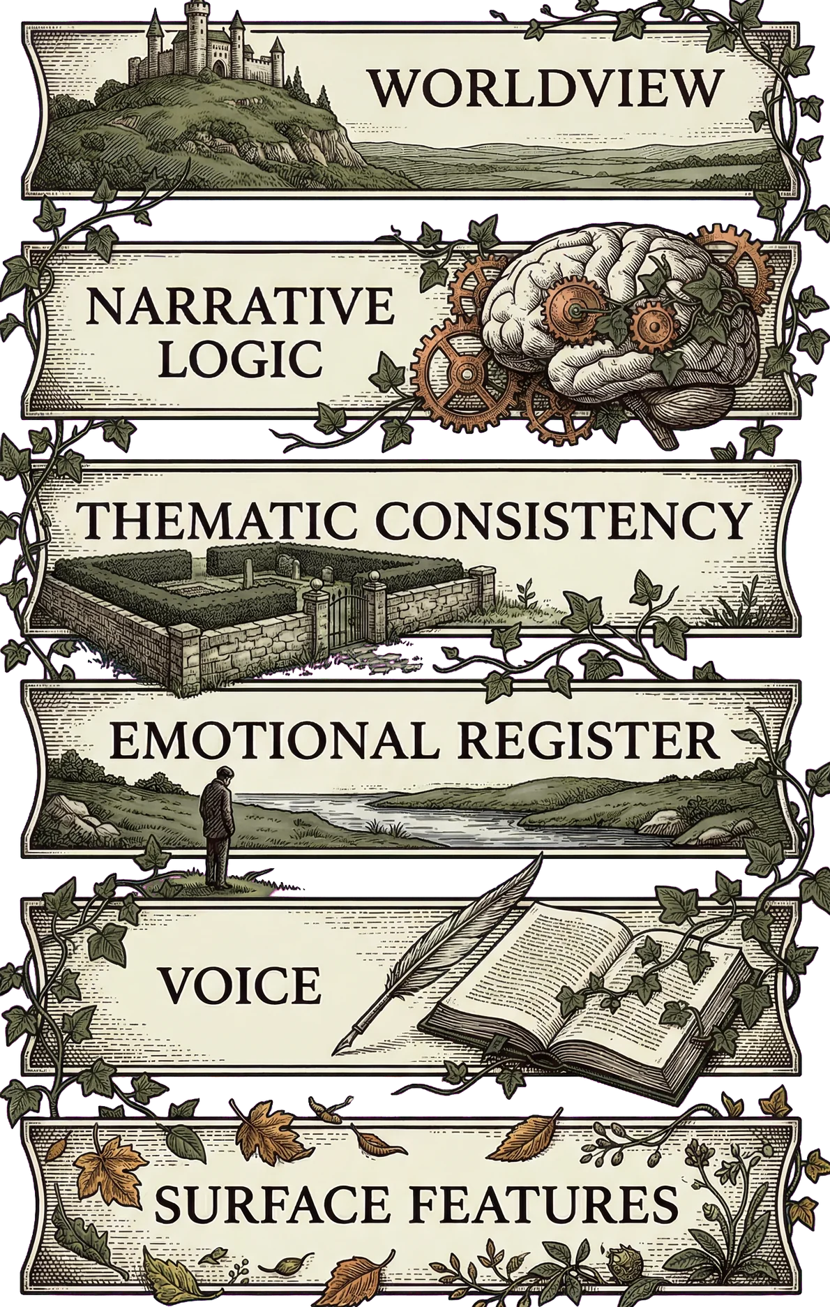 Vertical stack of six engraved panels showing the faithfulness hierarchy — Worldview at top (largest, densest hatching) descending through Narrative Logic, Thematic Consistency, Emotional Register, Voice, to Surface Features at bottom (smallest, lightest hatching)