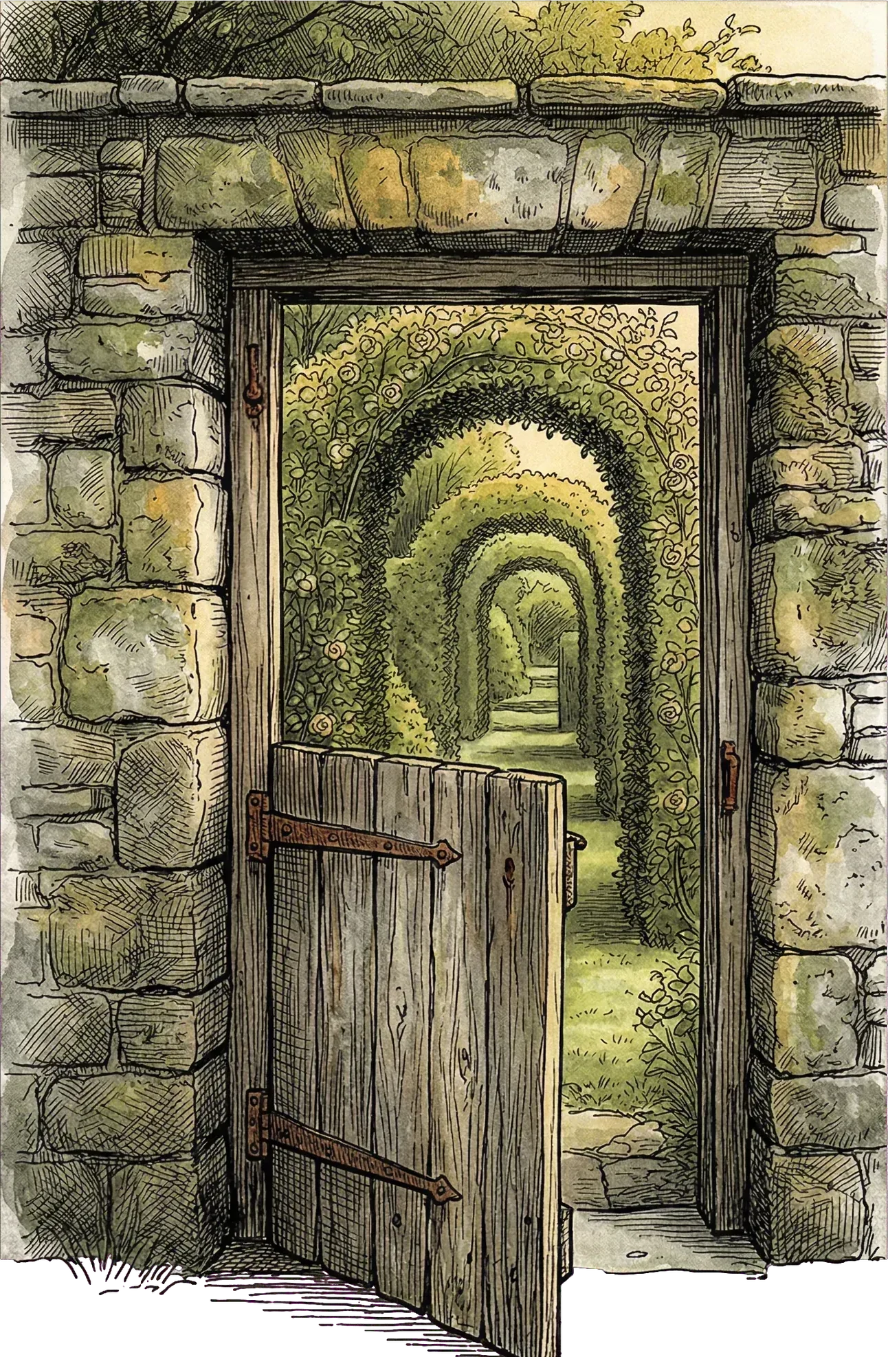 A weathered wooden gate in an old stone wall, slightly ajar, with climbing roses and a garden path receding through green archways beyond.