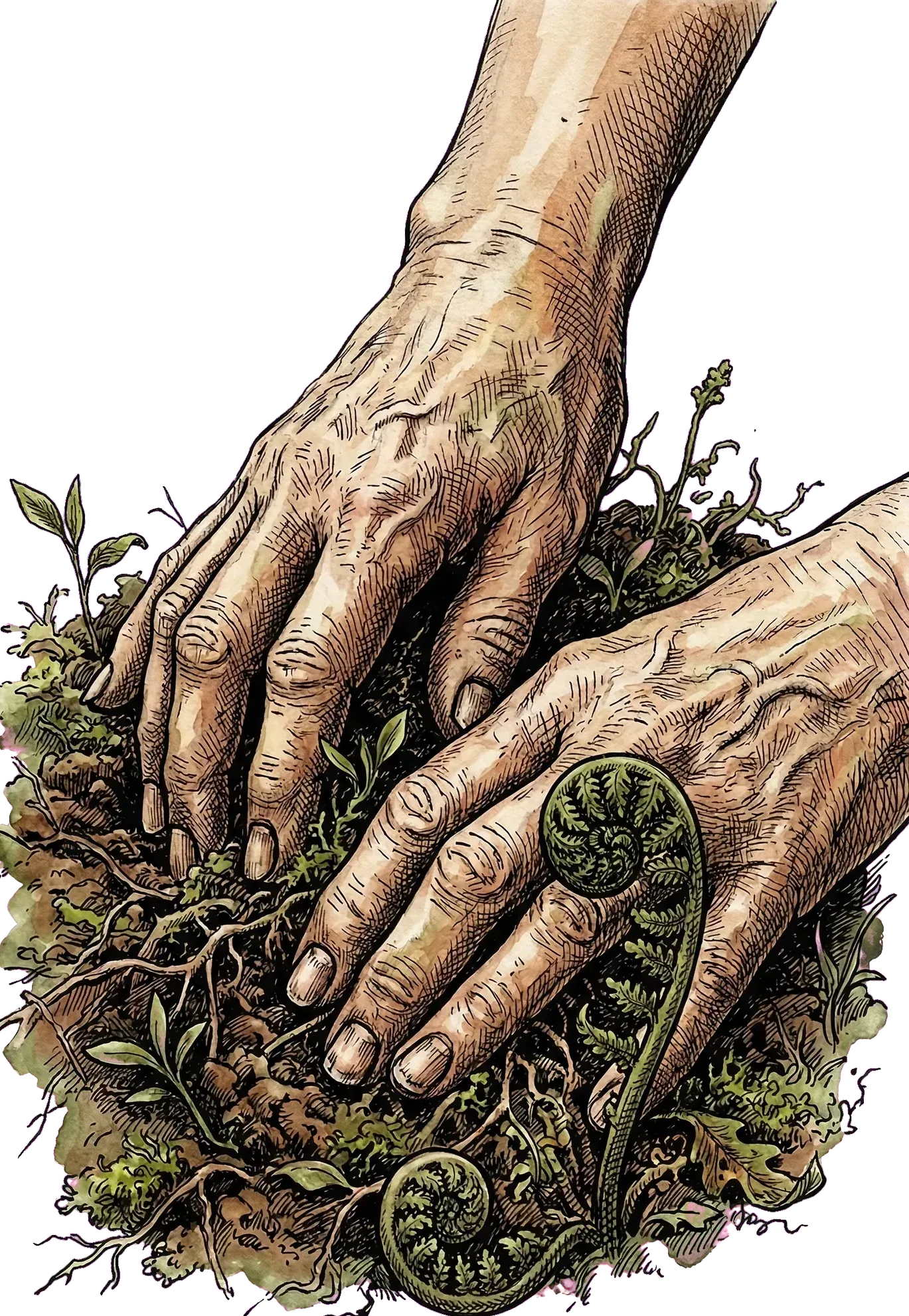 Weathered hands in garden soil, roots and a fiddlehead fern unfurling nearby.