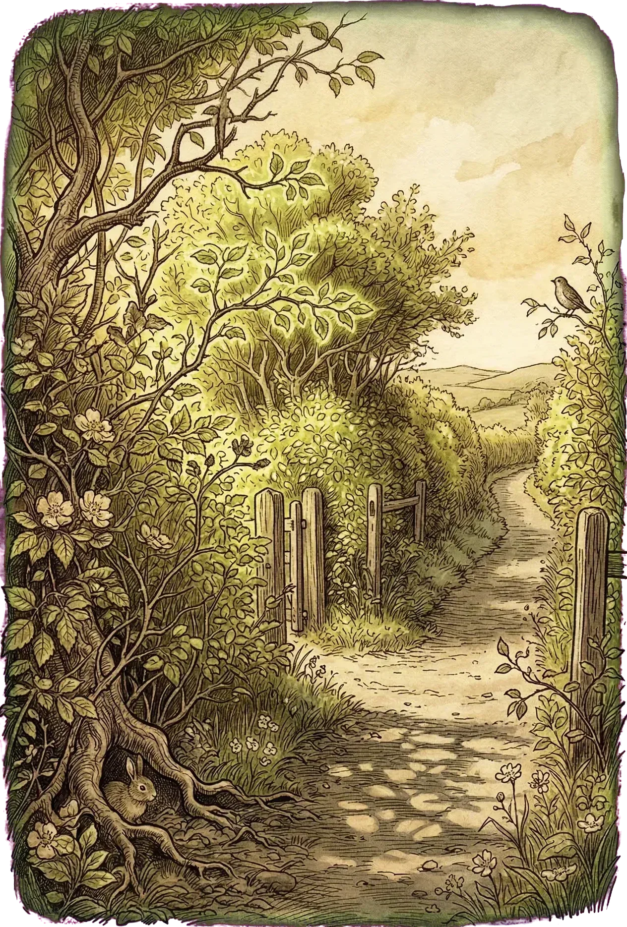 A hedgerow along a country lane at sunset, every leaf luminous with golden-green light.