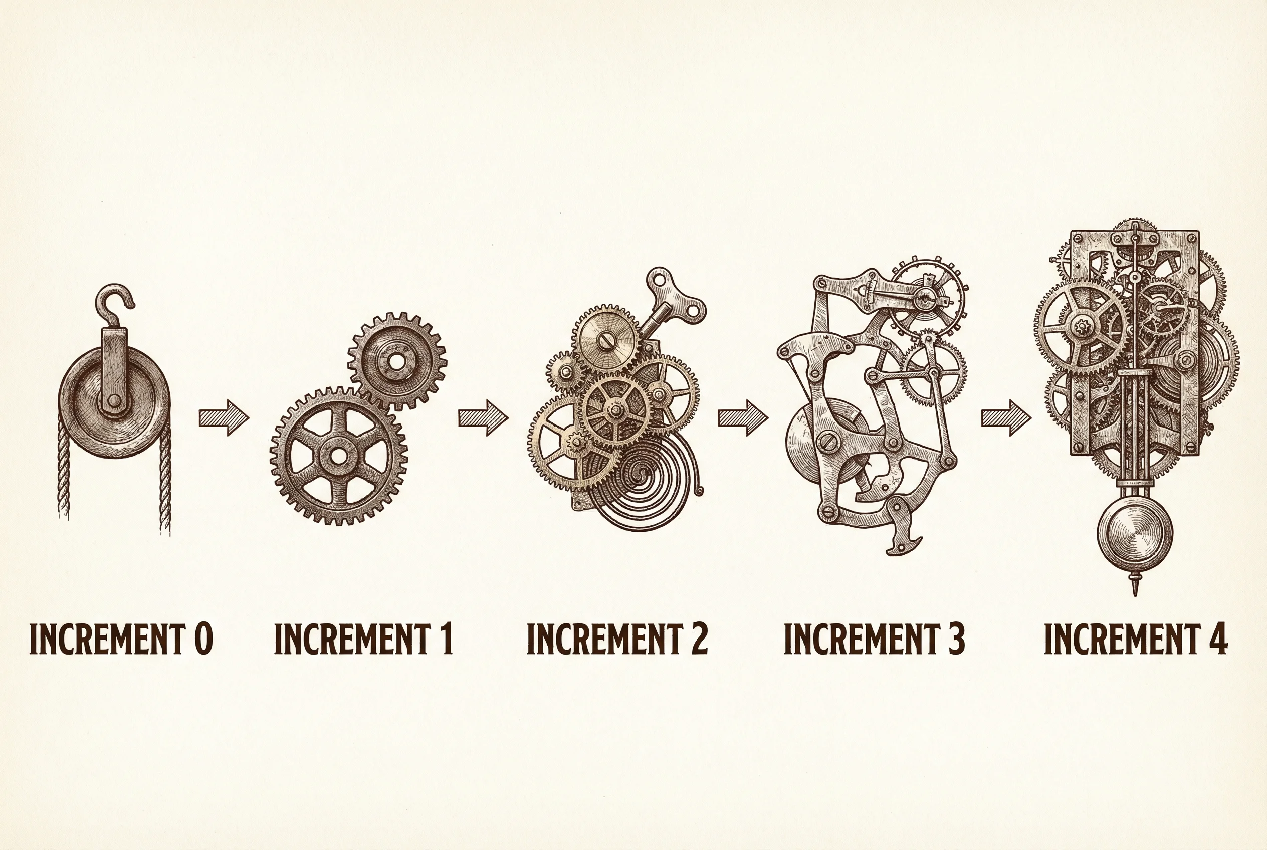 Five mechanisms of increasing complexity from left to right, labeled Increment 0 through Increment 4 — from a simple pulley wheel to an elaborate clockwork assembly — showing the pipeline's phased build strategy