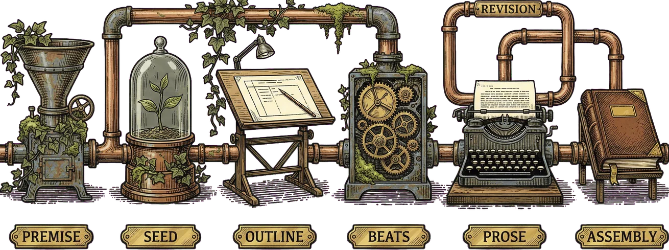 Flowchart showing the hierarchical generation pipeline — Premise flows to Seed, then Outline, Beats, Prose, and Assembly, with a Revision arc connecting Assembly back to Prose. Decorative instruments in the margins.