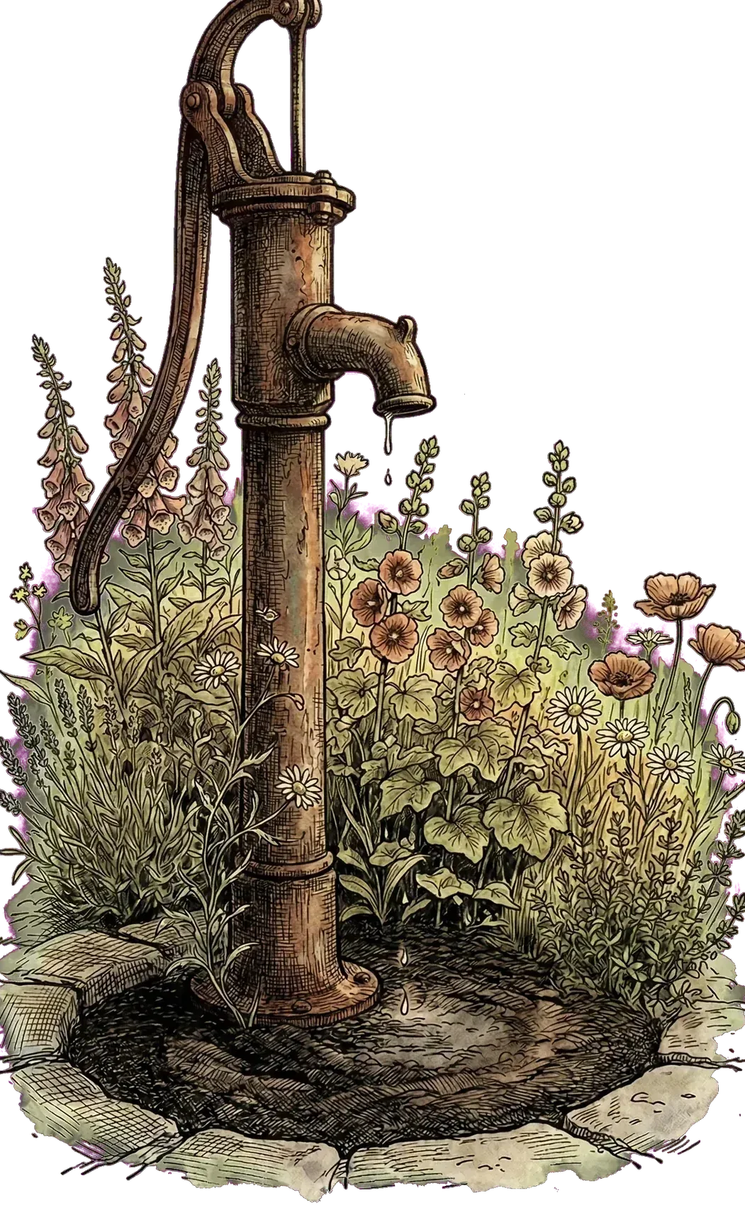 An old iron water pump in a cottage garden, a circle of damp soil at its base, wildflowers and a wooden bucket nearby.