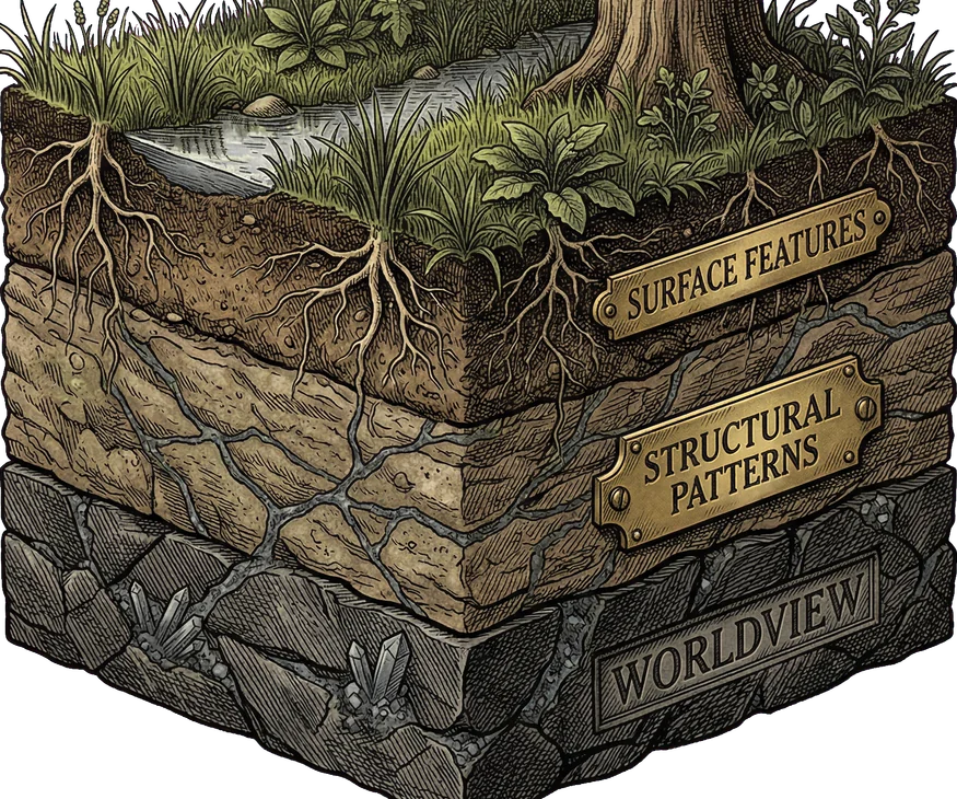 Geological cross-section showing three labeled strata — Surface Features at top with light hatching, Structural Patterns in the middle with medium crosshatching, and Worldview at the bottom with the densest crosshatching — representing the three tiers of voice feature systematizability