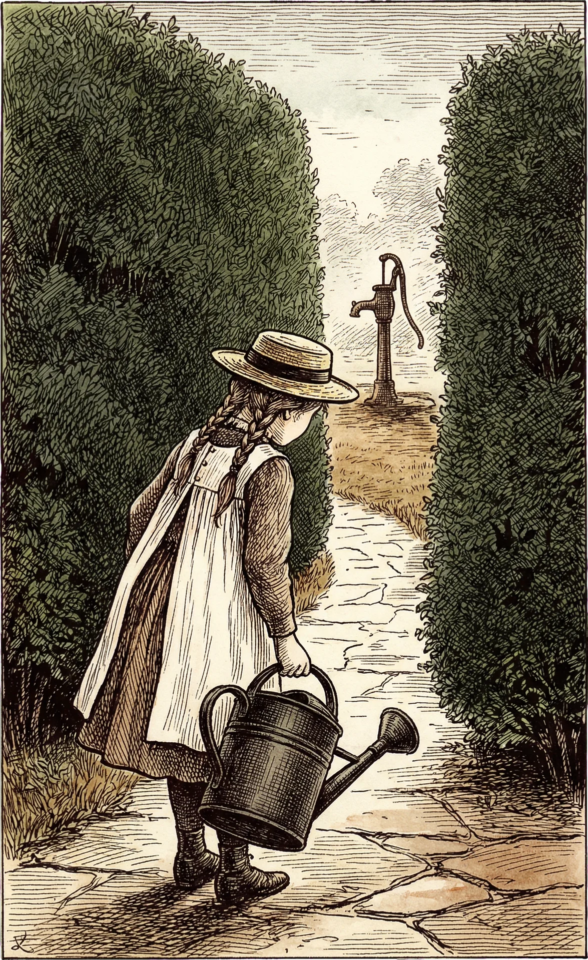 A young girl seen from behind, carrying a heavy iron watering can along a narrow garden path between towering hedges, an iron pump visible in the distance.